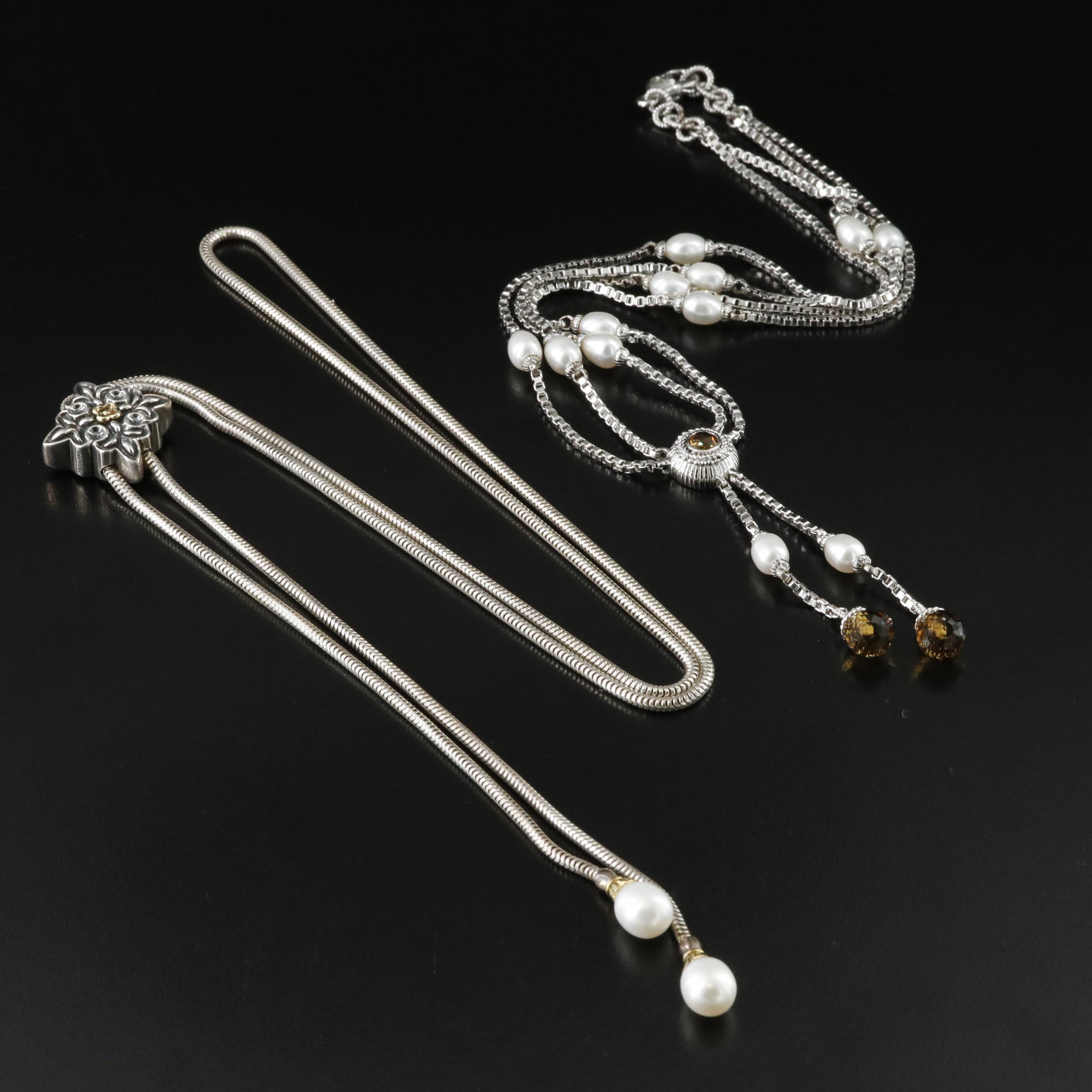 Judith Ripka Pearl and Citrine and Ann King Pearl Sterling Necklaces