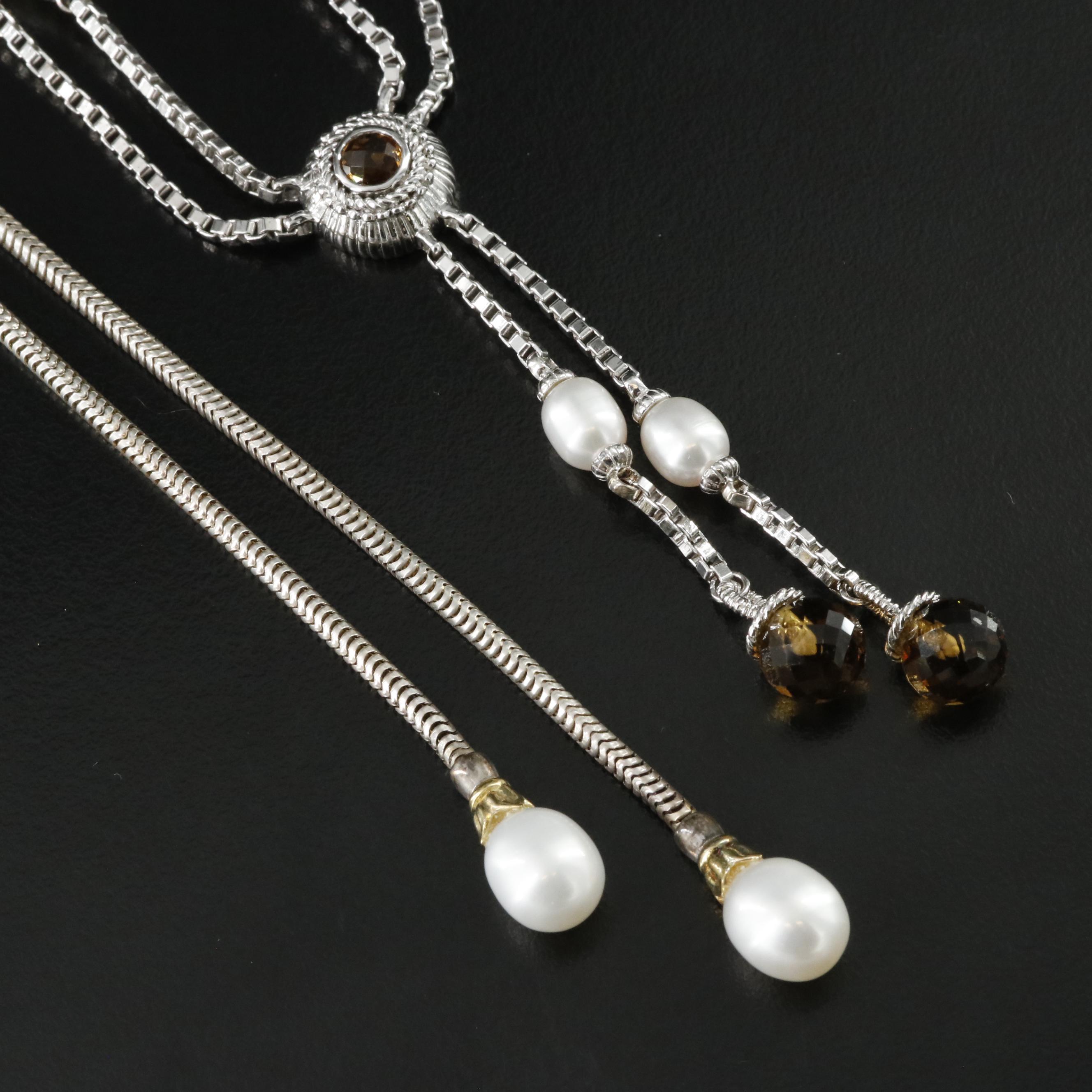 Judith Ripka Pearl and Citrine and Ann King Pearl Sterling Necklaces