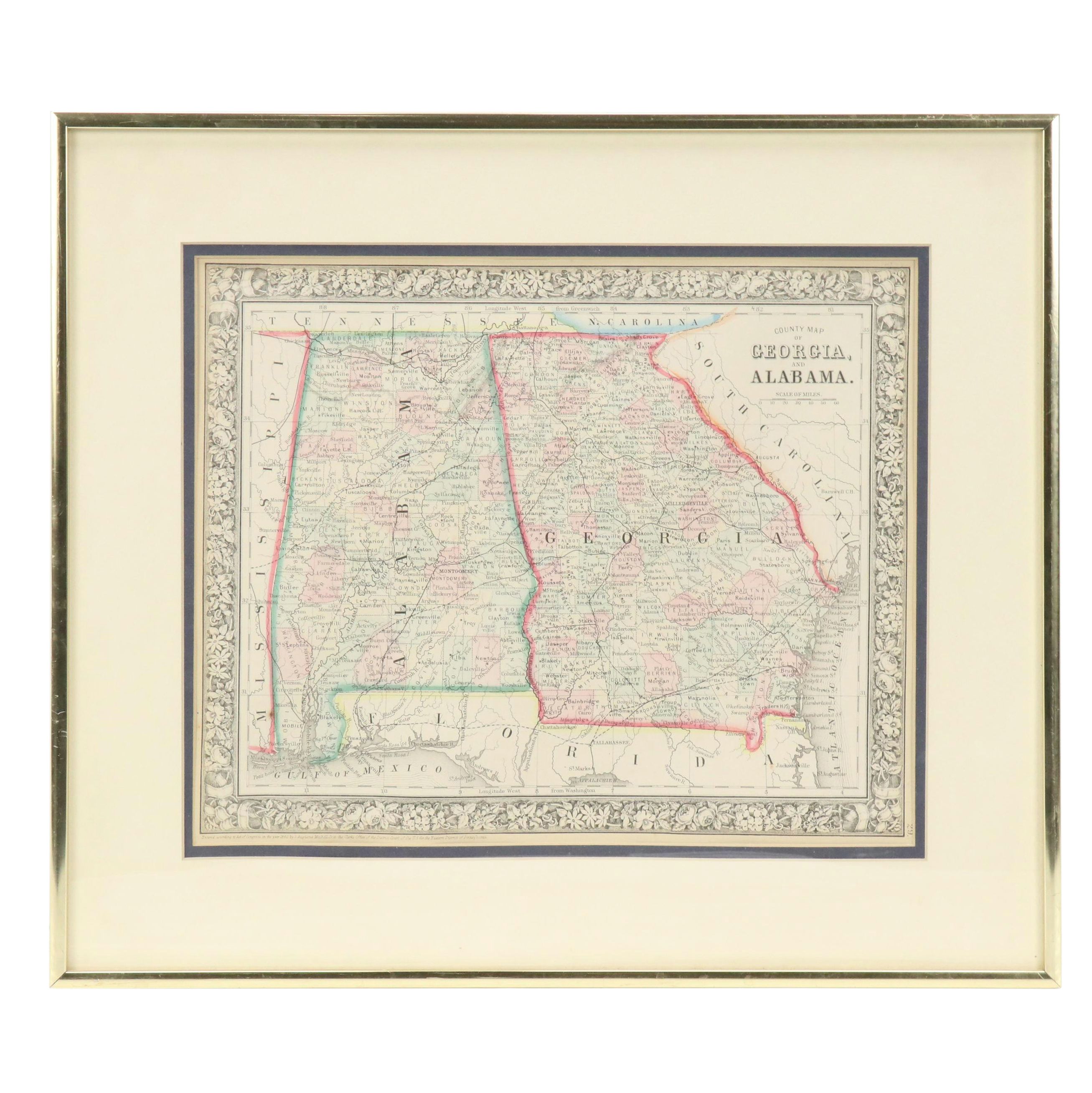 Hand-Colored Engraved Map "County Map of Georgia and Alabama," c. 1860