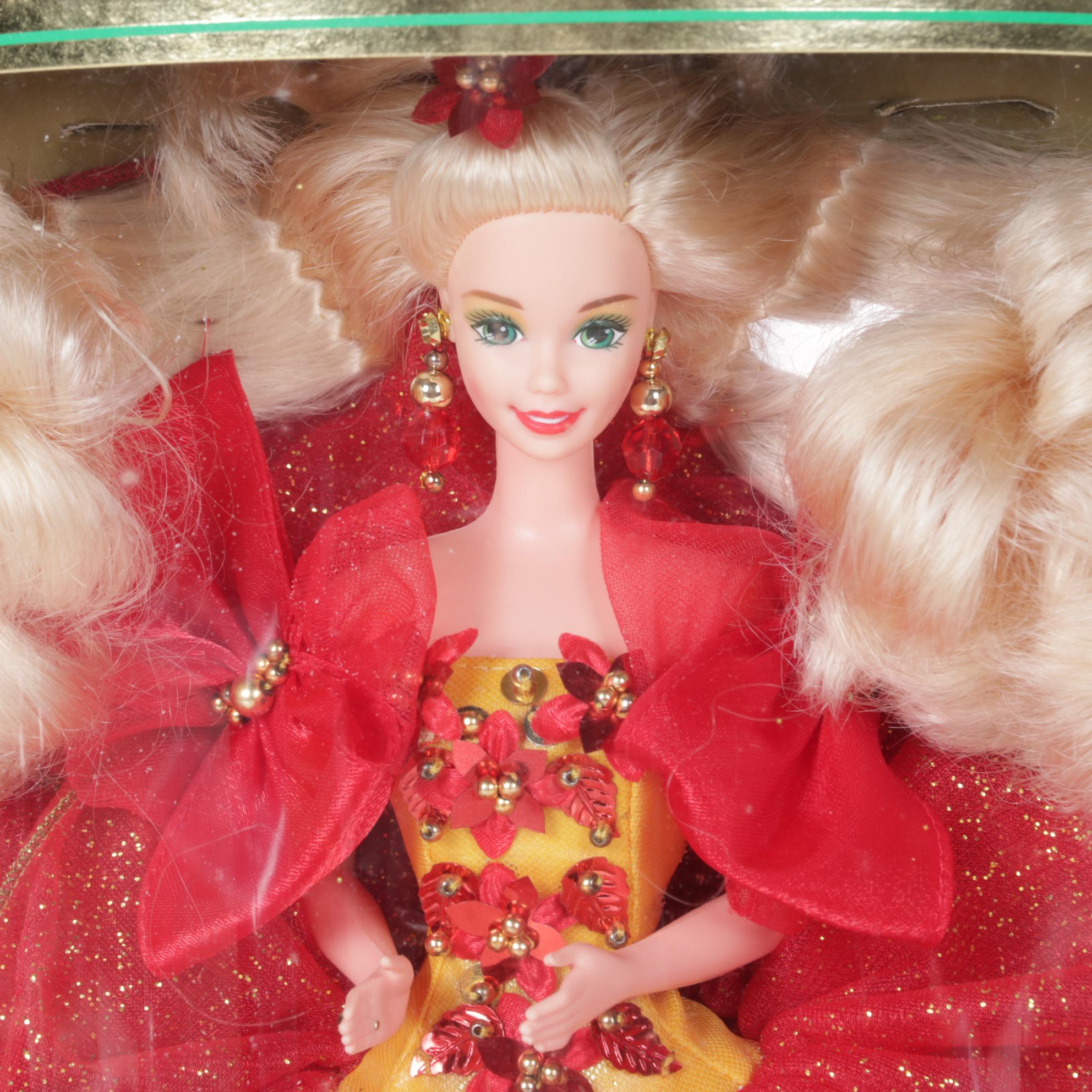 1997 Green-Eyed Misprint Holiday Barbie with Other 1990s Holiday Barbies
