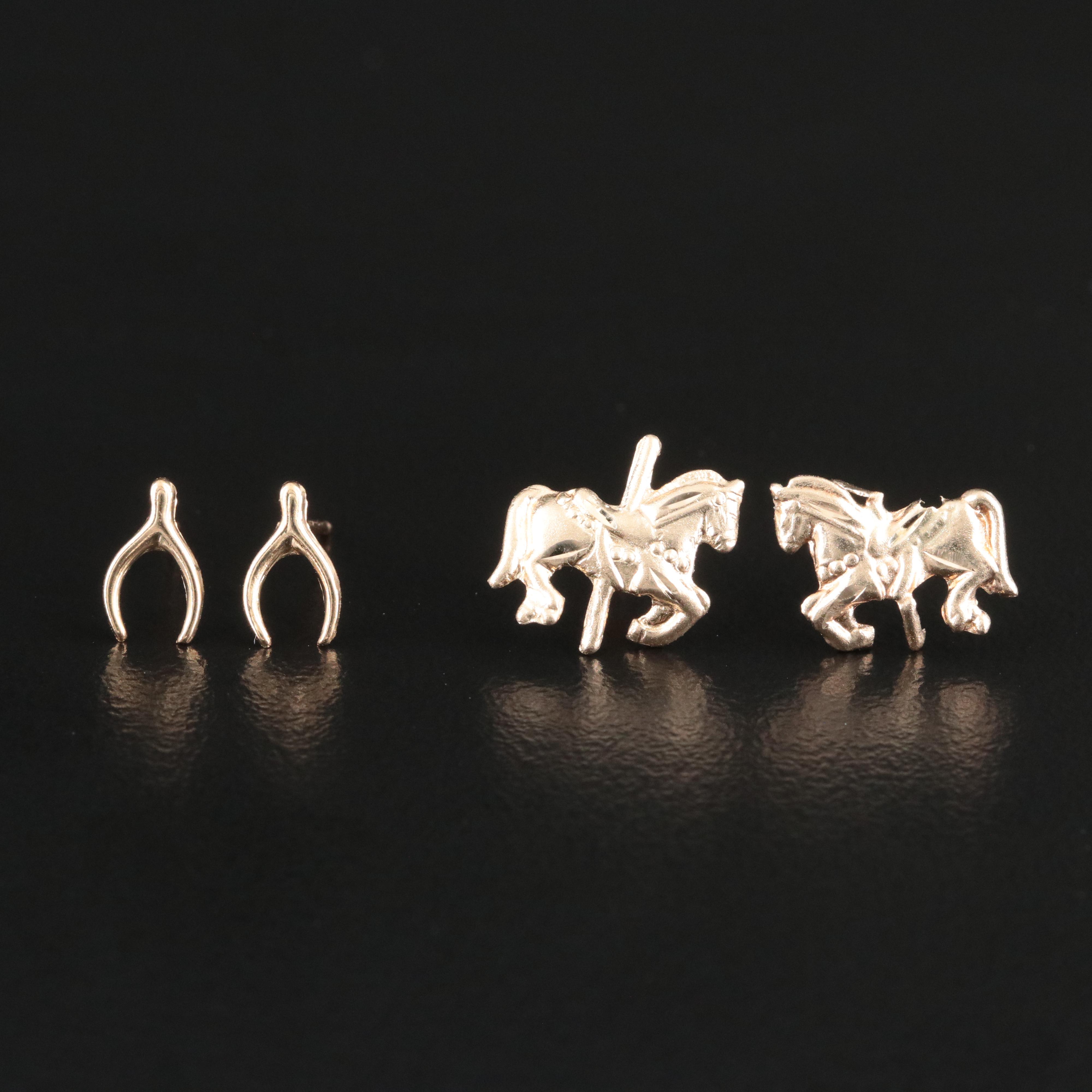 14K Carousel and Wish Bone Stud Earrings