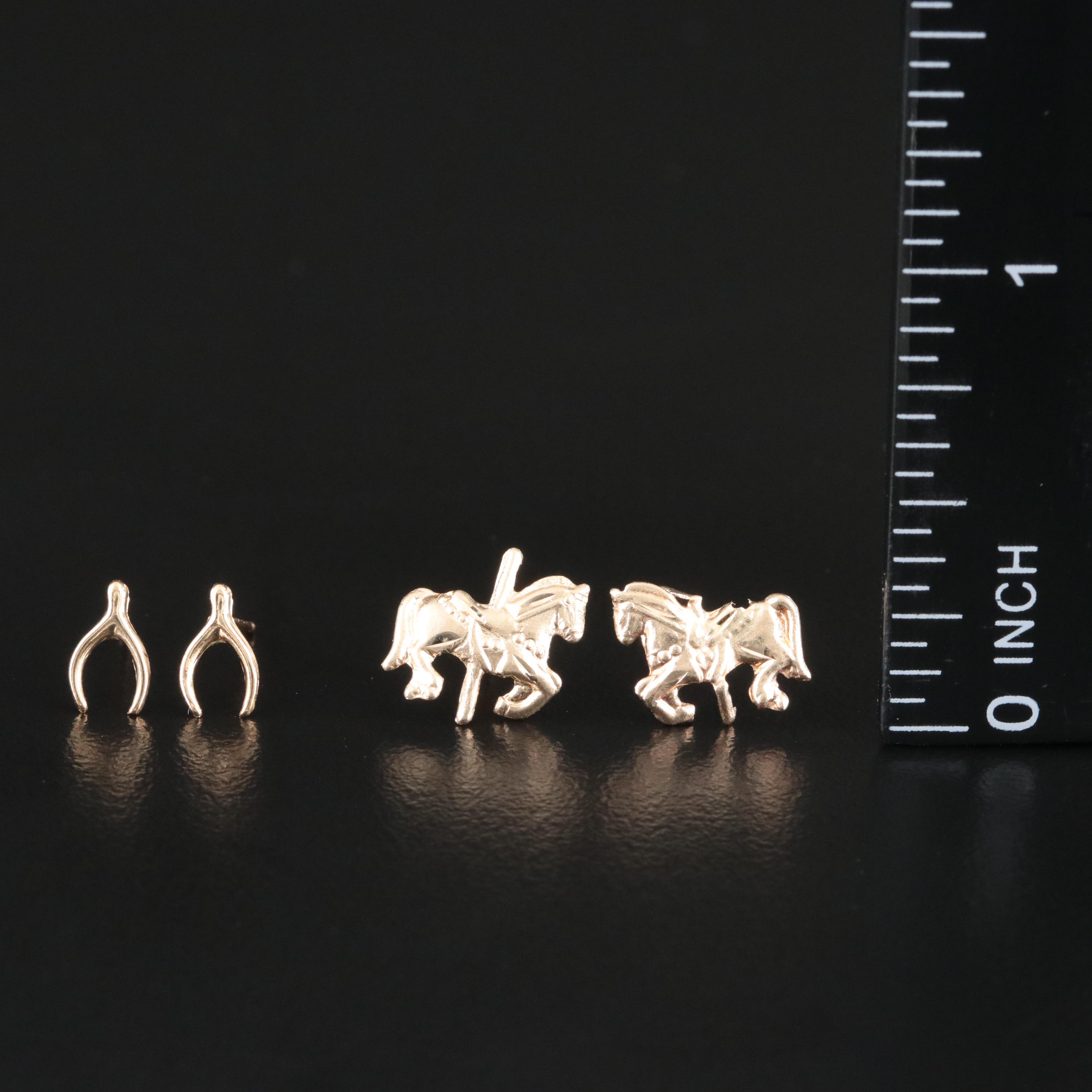 14K Carousel and Wish Bone Stud Earrings