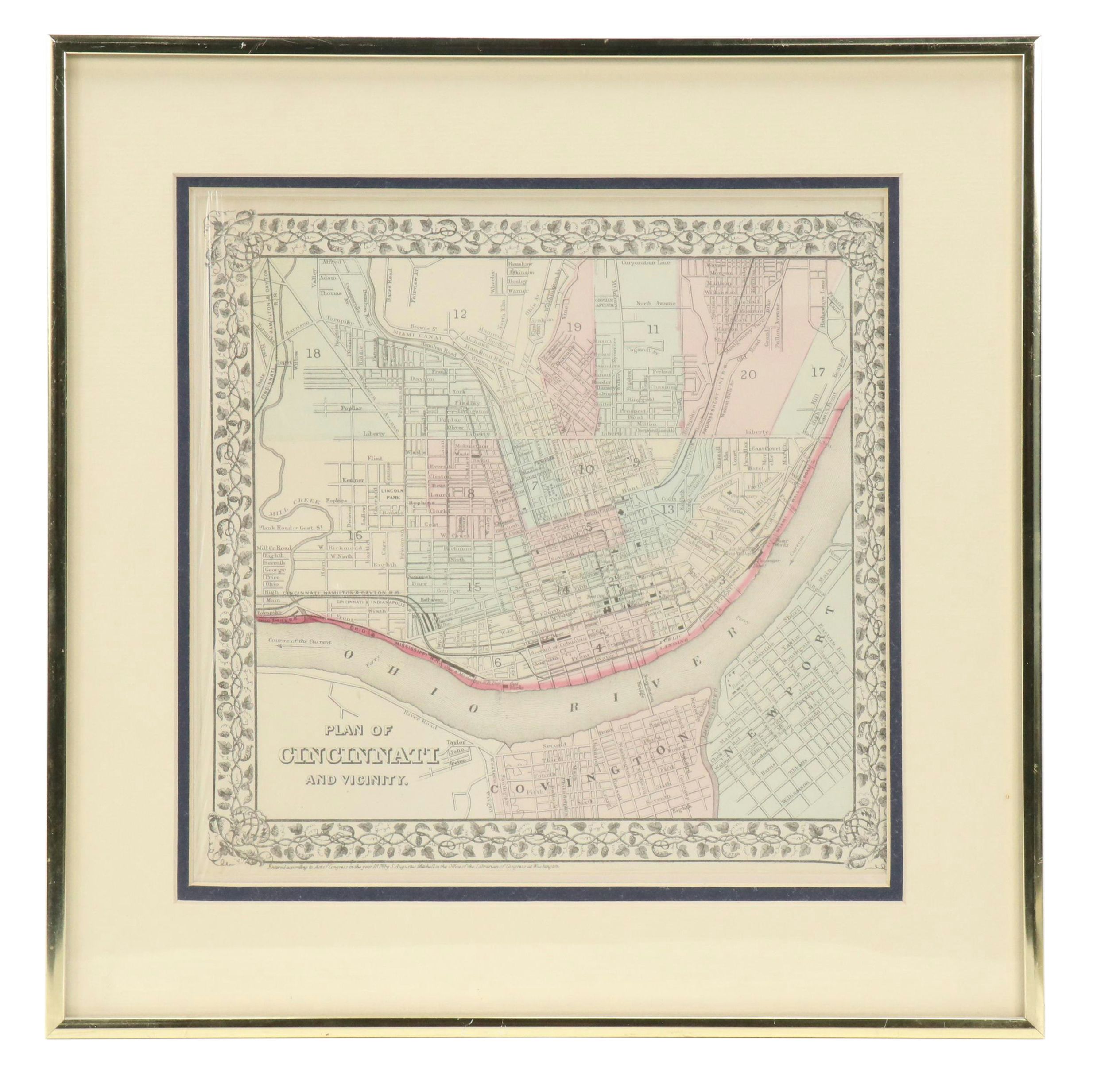 Hand-Colored Engraved City Map "Plan of Cincinnati and Vicinity," circa 1874