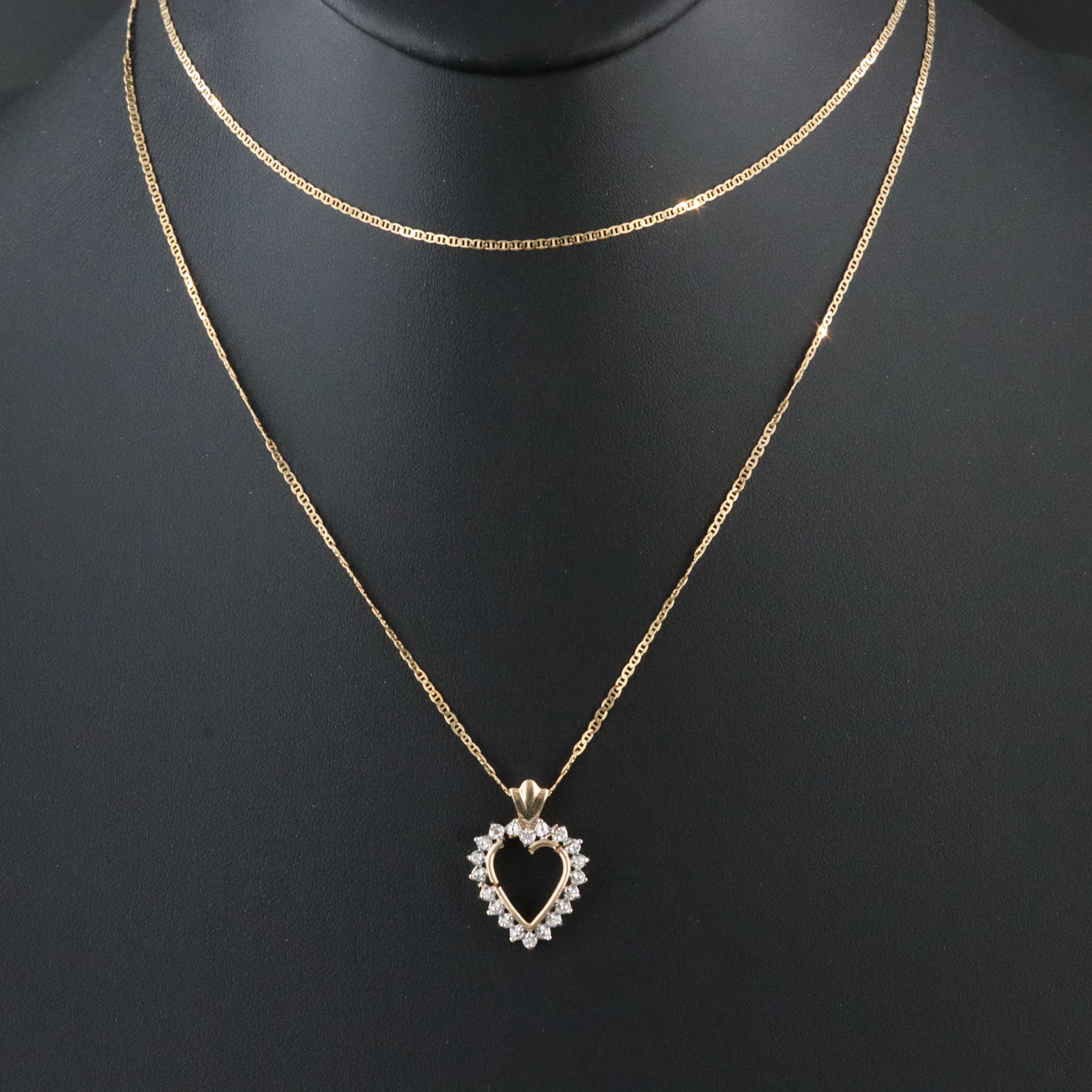 10K 0.05 CTW Diamond Heart Pendant on 14K Mariner Link Necklace