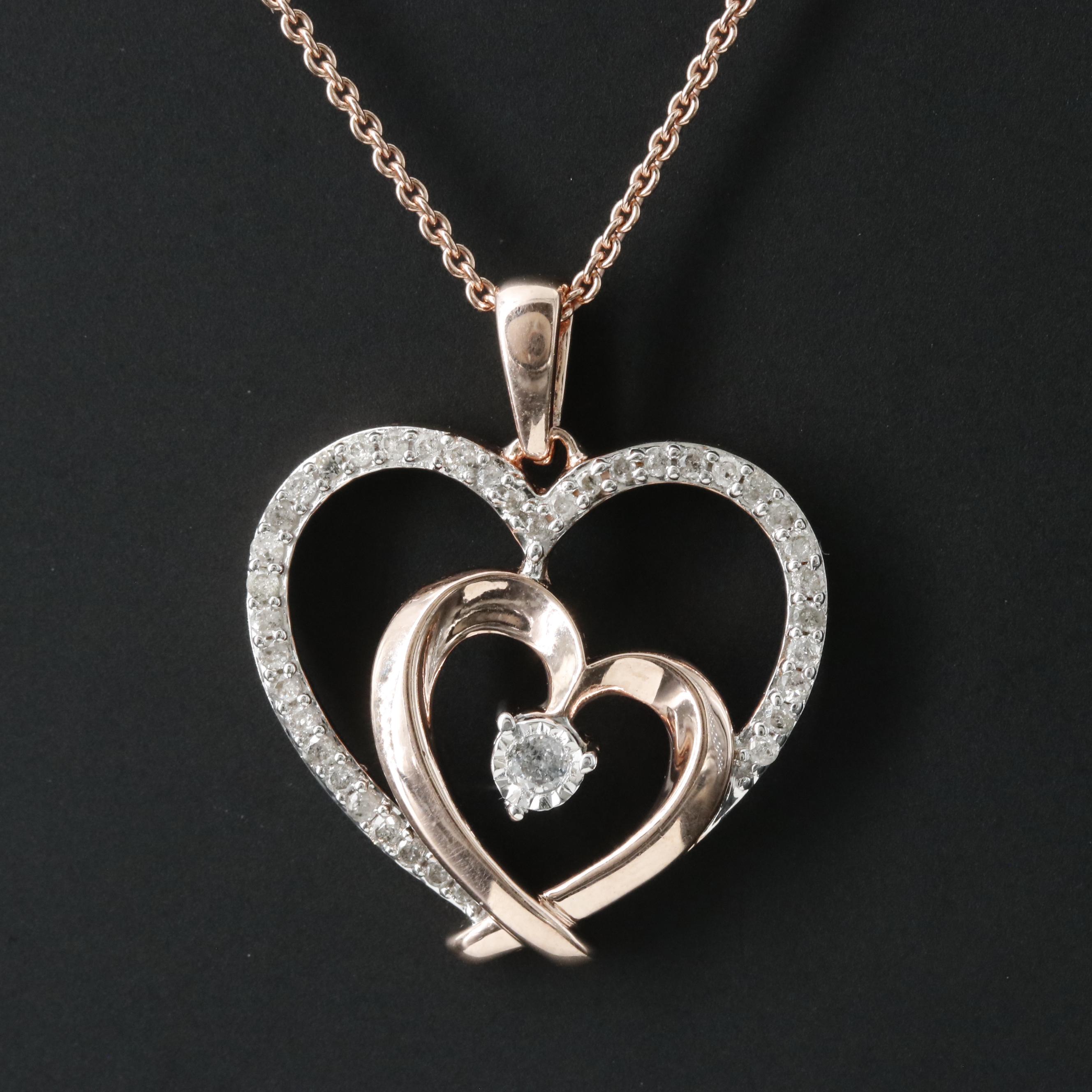 Sterling Diamond Heart Necklace in Rose Tone