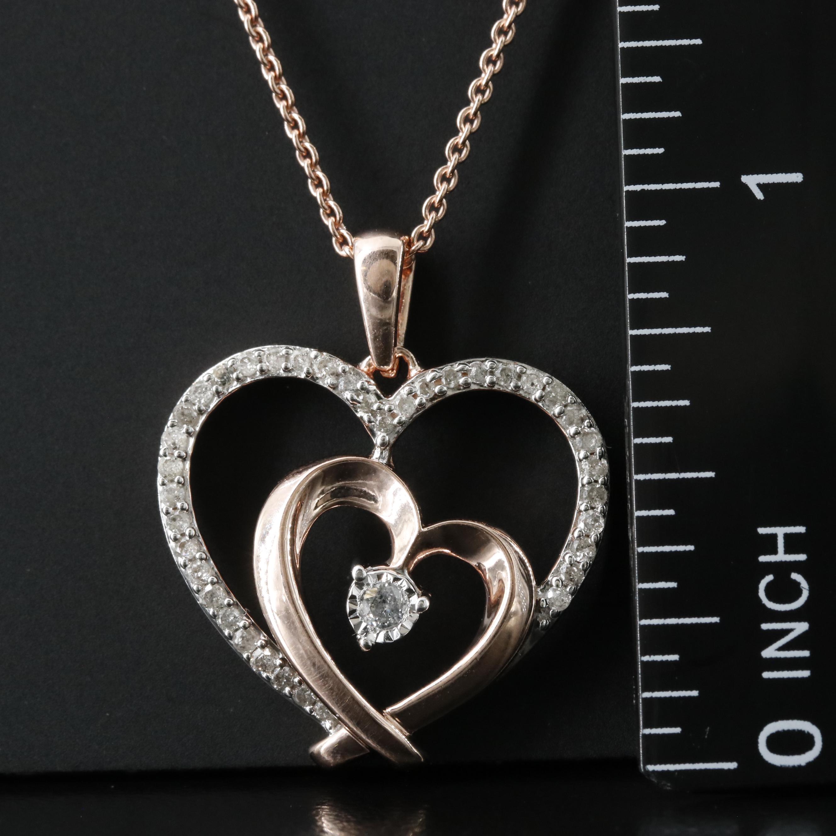 Sterling Diamond Heart Necklace in Rose Tone