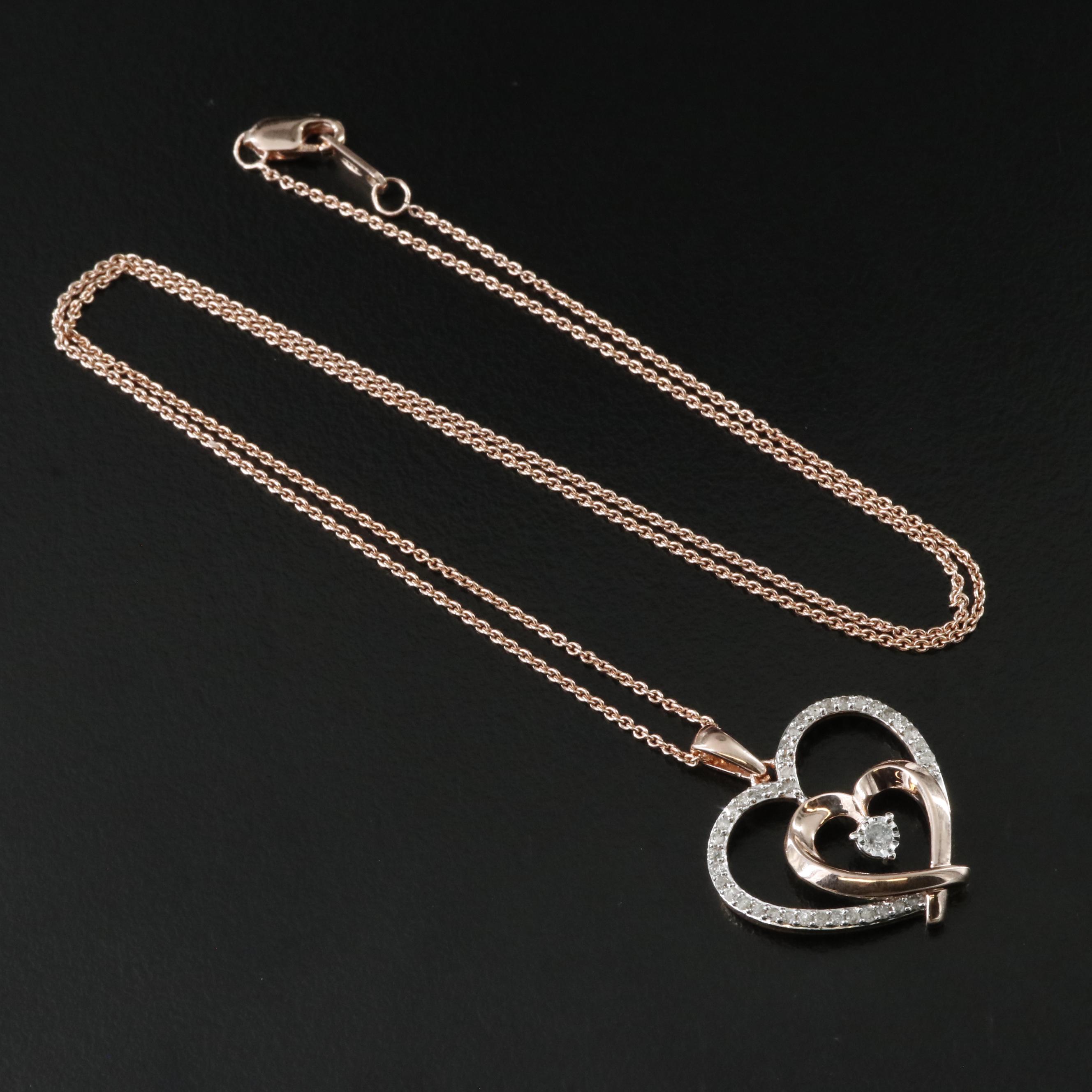 Sterling Diamond Heart Necklace in Rose Tone