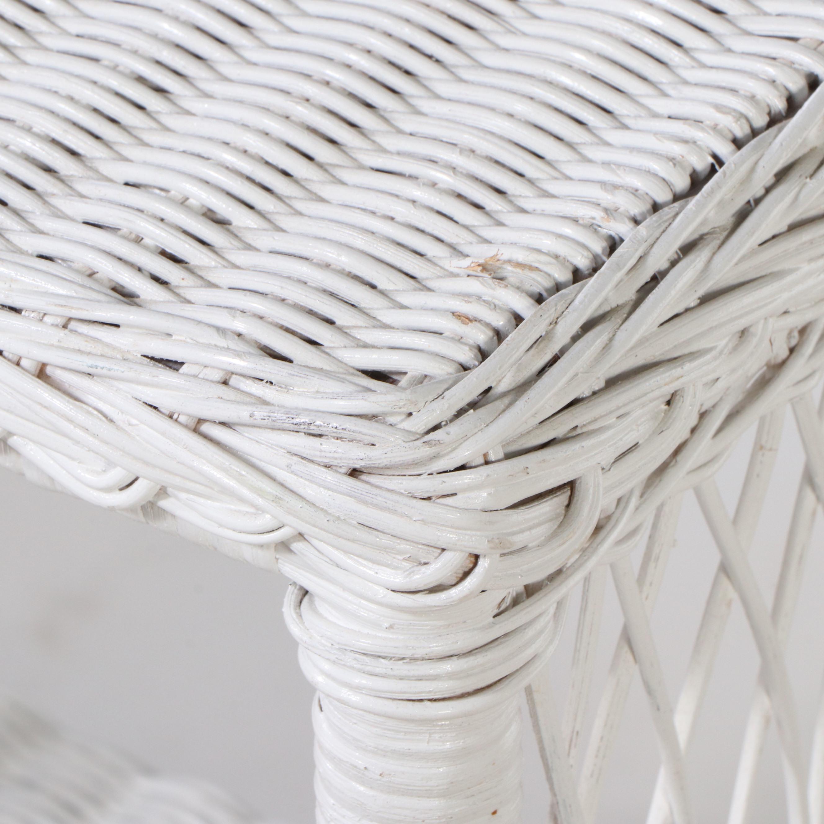 Two-Tiered White Painted Wicker Side Table