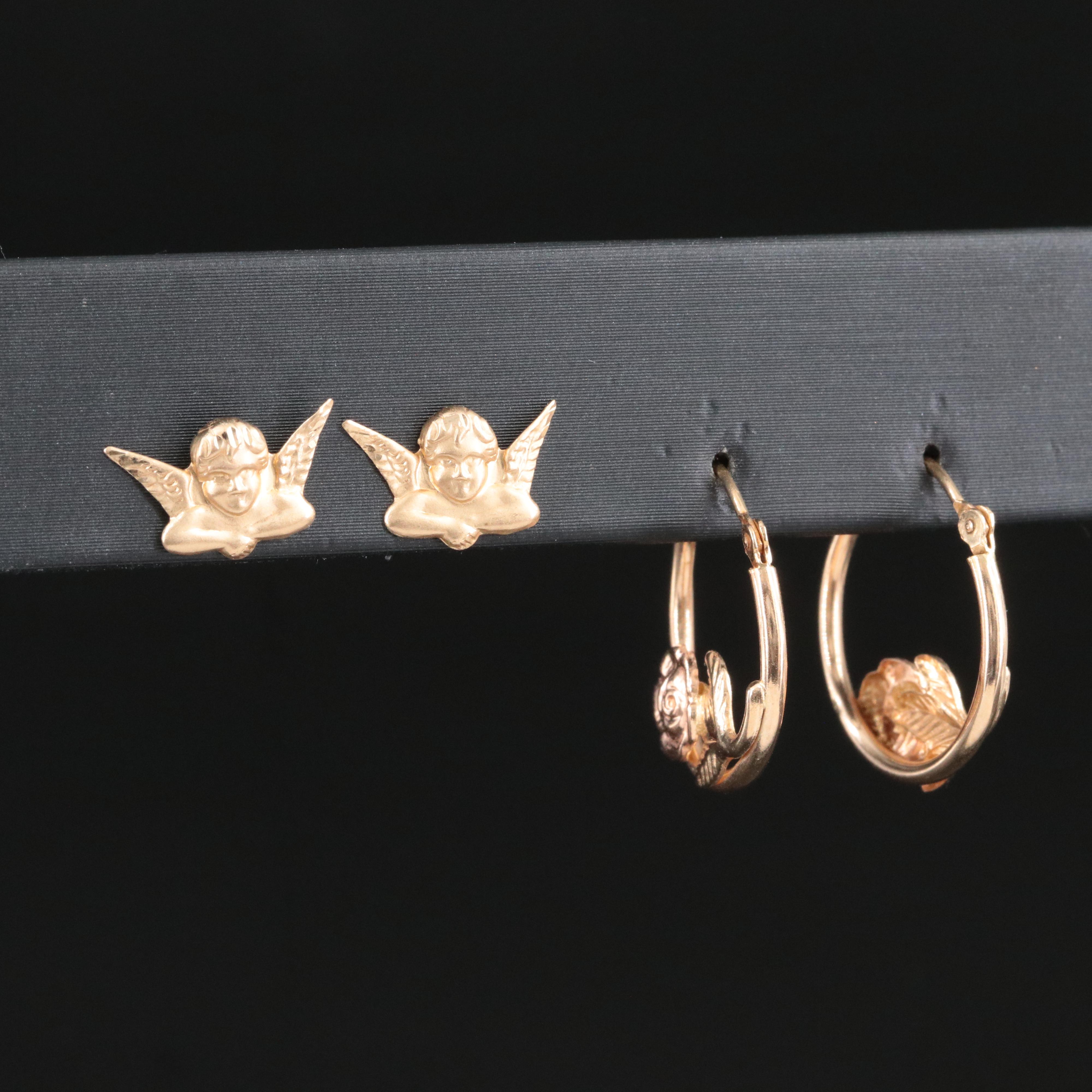 14K Rose Hoops and Cherub Stud Earrings