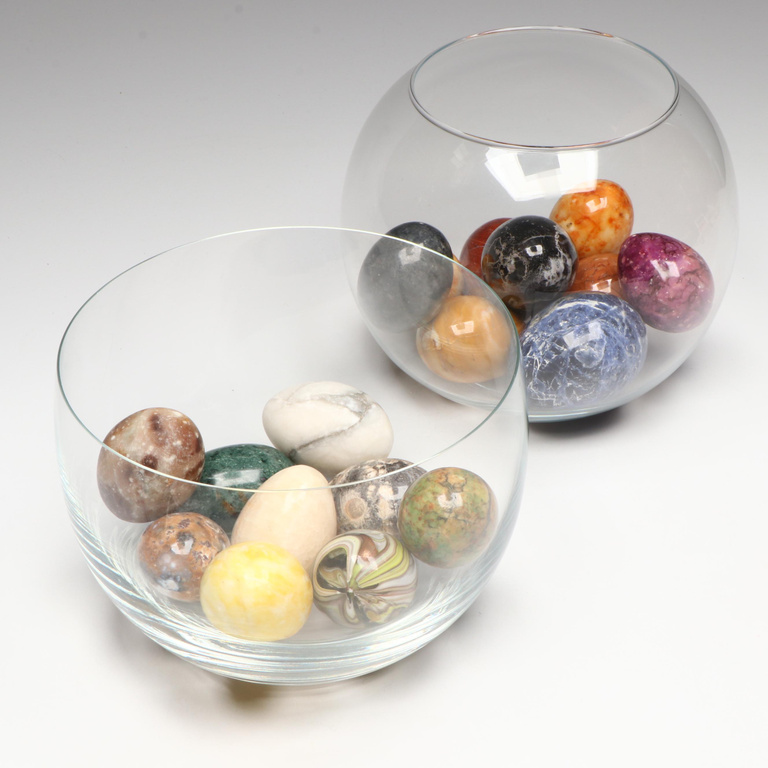 Decorative Glass Bowls with Stone and Glass Egg Figures