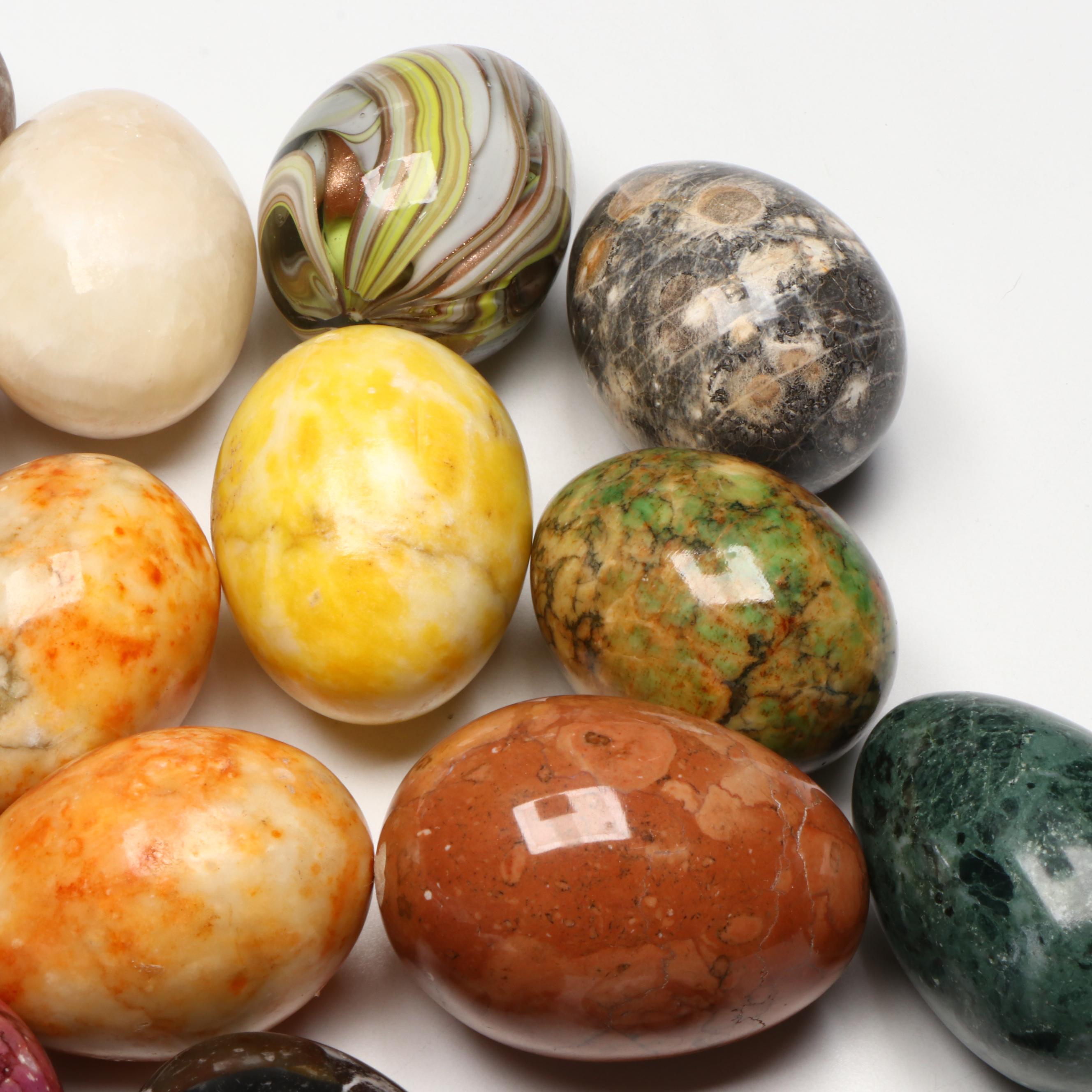 Decorative Glass Bowls with Stone and Glass Egg Figures