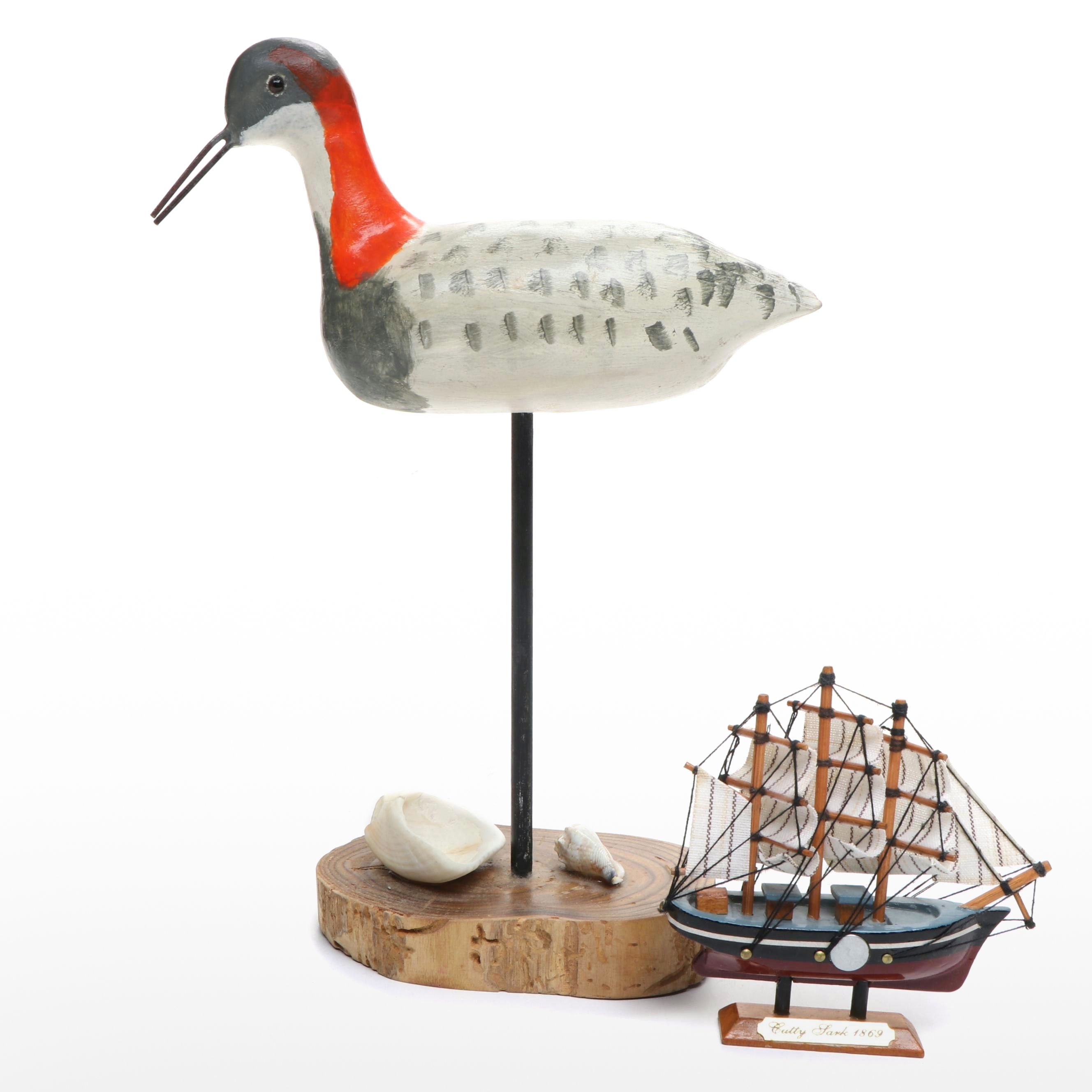 Hand-Painted "Shorebird" Wooden Sculpture with Cutty Sark Miniature Model