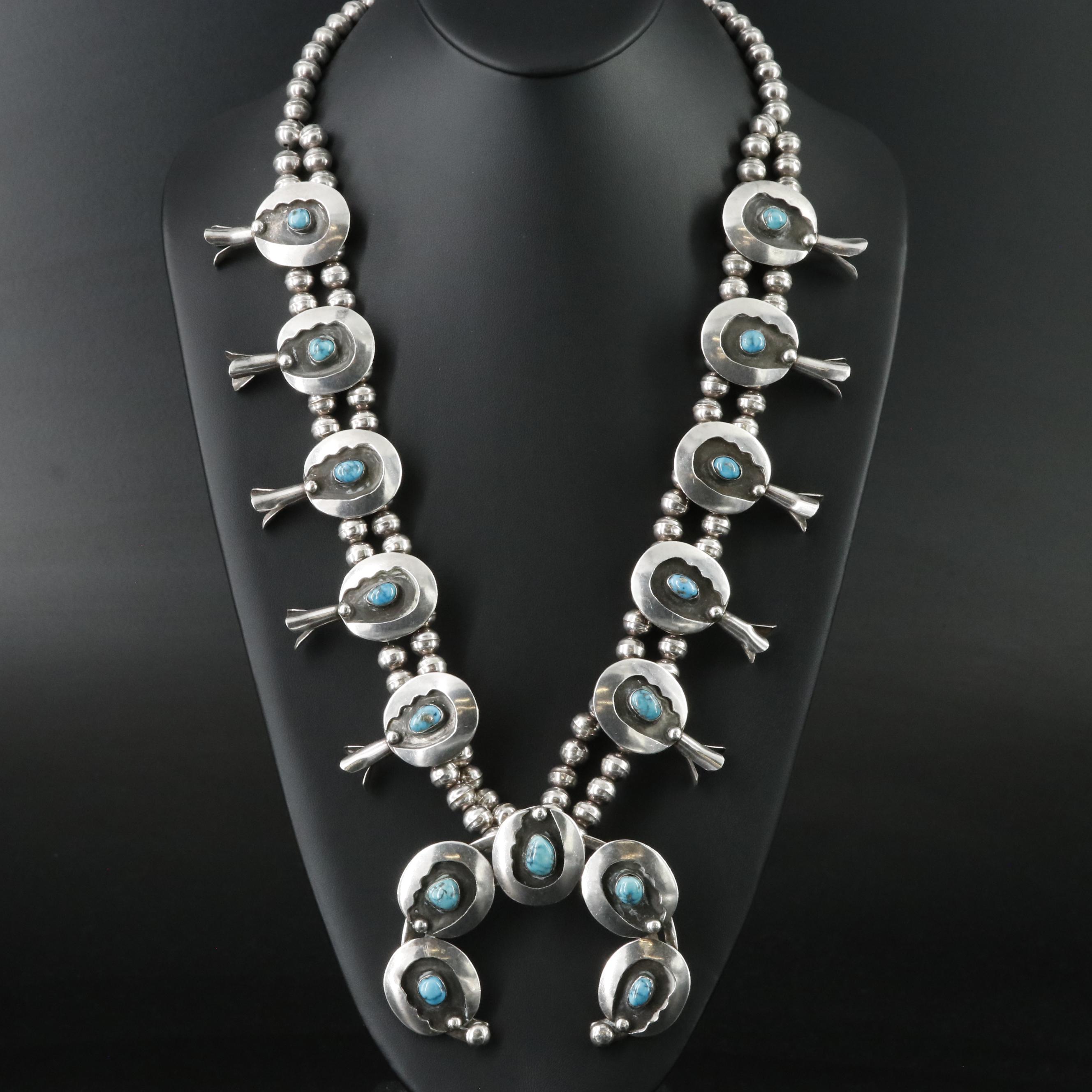 Bobby Thompson Navajo Diné Sterling Turquoise Squash Blossom Necklace