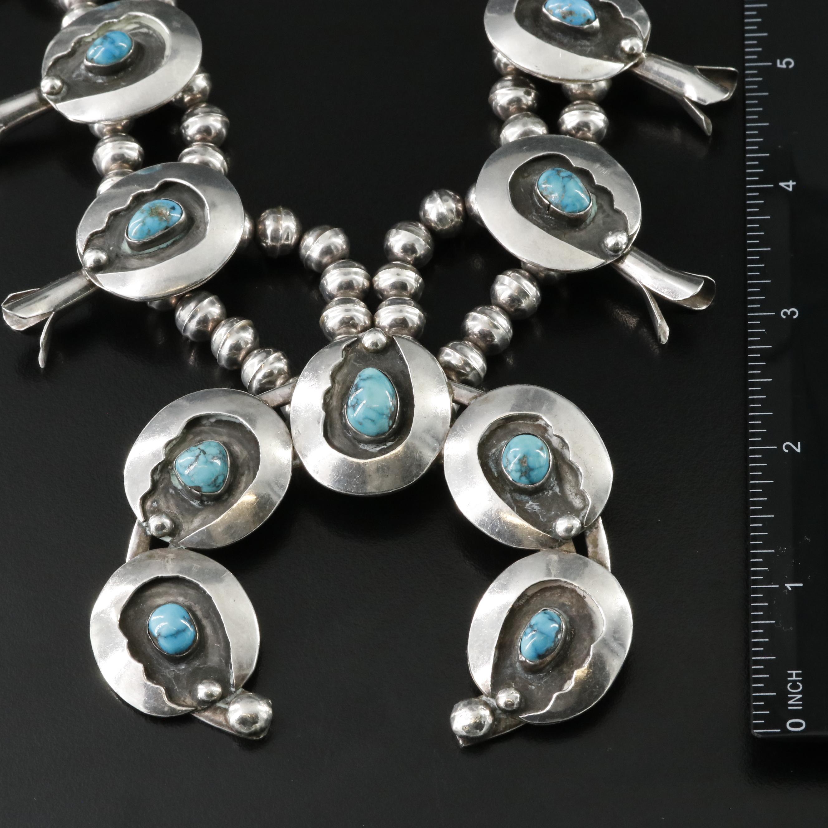 Bobby Thompson Navajo Diné Sterling Turquoise Squash Blossom Necklace
