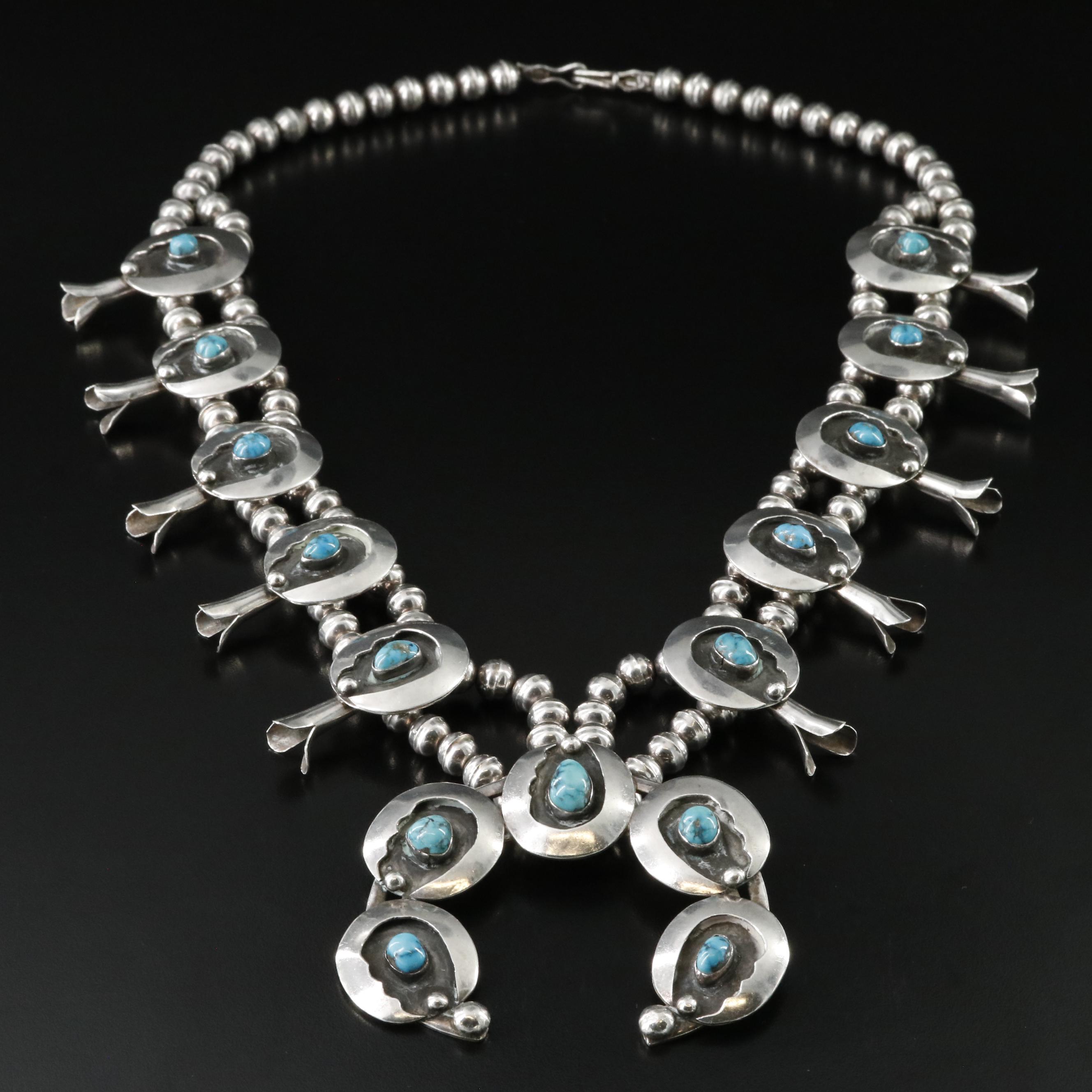 Bobby Thompson Navajo Diné Sterling Turquoise Squash Blossom Necklace
