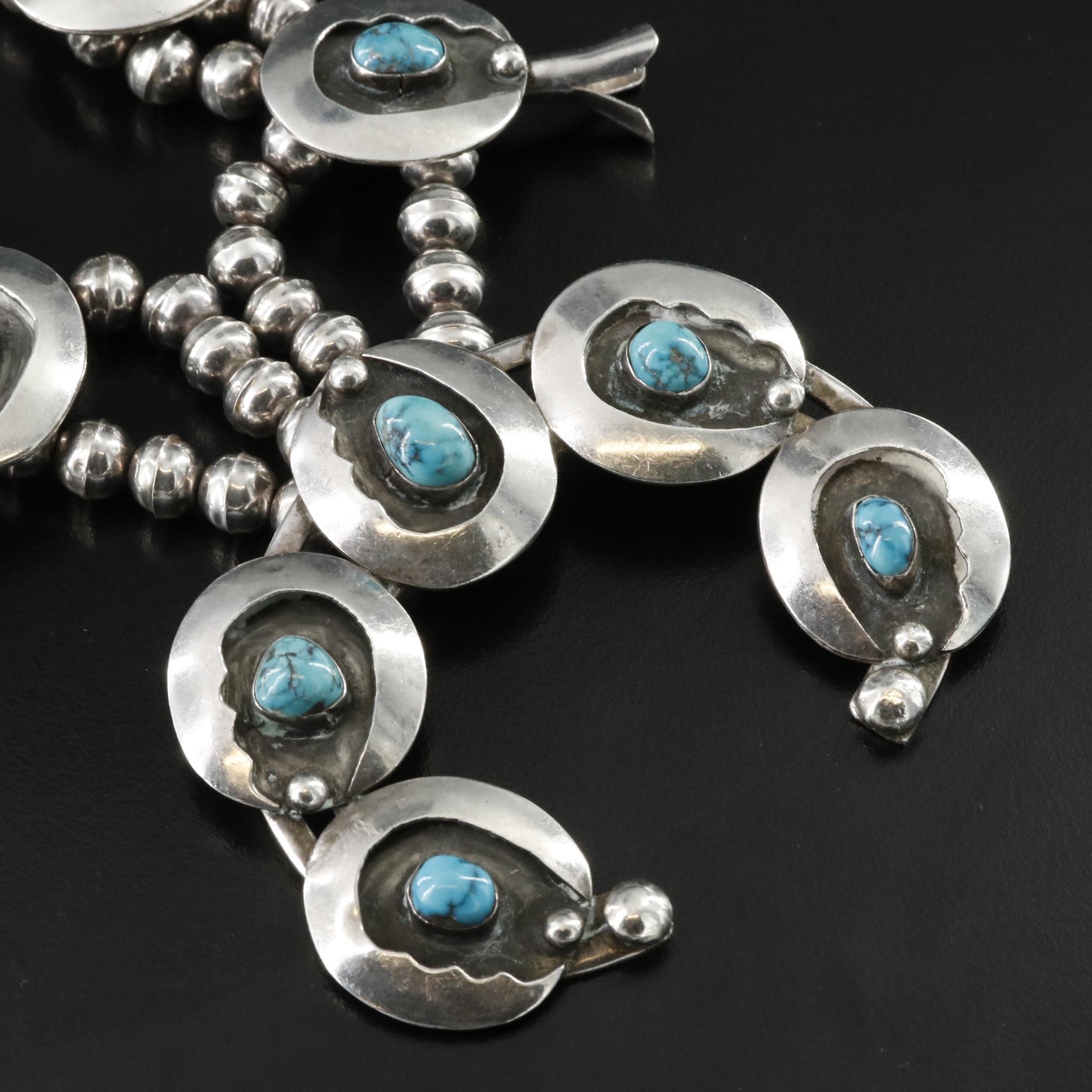 Bobby Thompson Navajo Diné Sterling Turquoise Squash Blossom Necklace