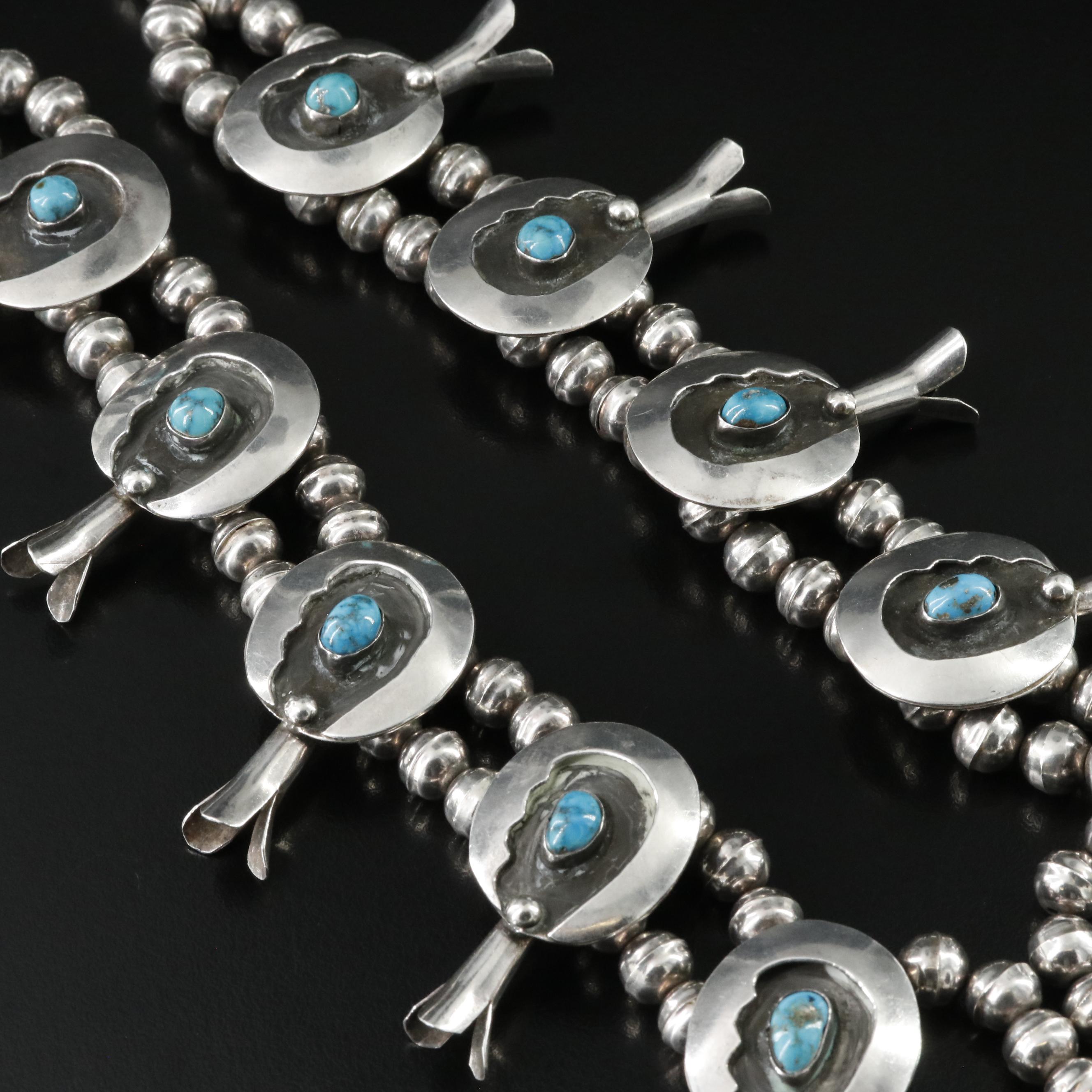 Bobby Thompson Navajo Diné Sterling Turquoise Squash Blossom Necklace