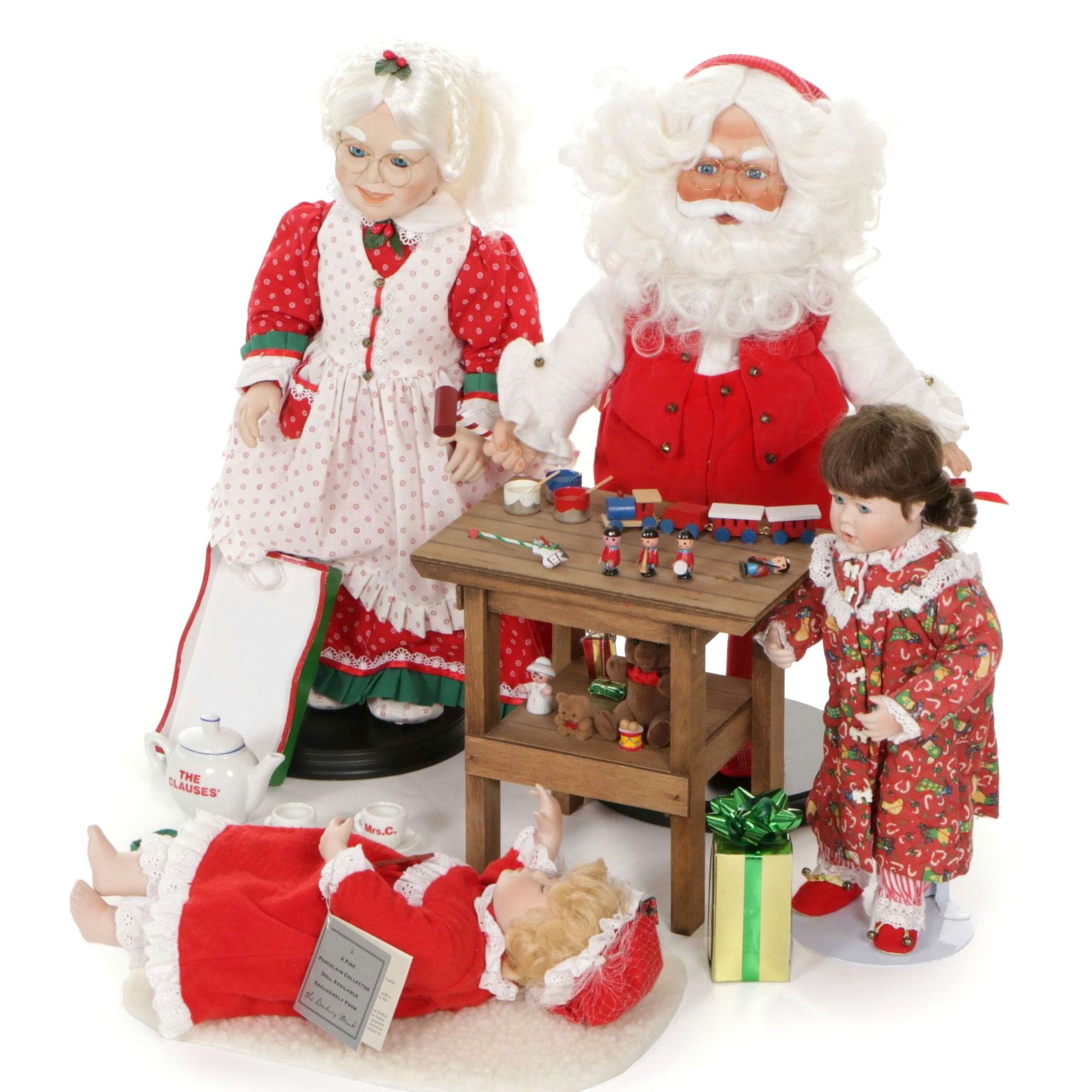 Santa Claus and His Workbench with Mrs. Claus and Holiday Dolls by Danbury Mint