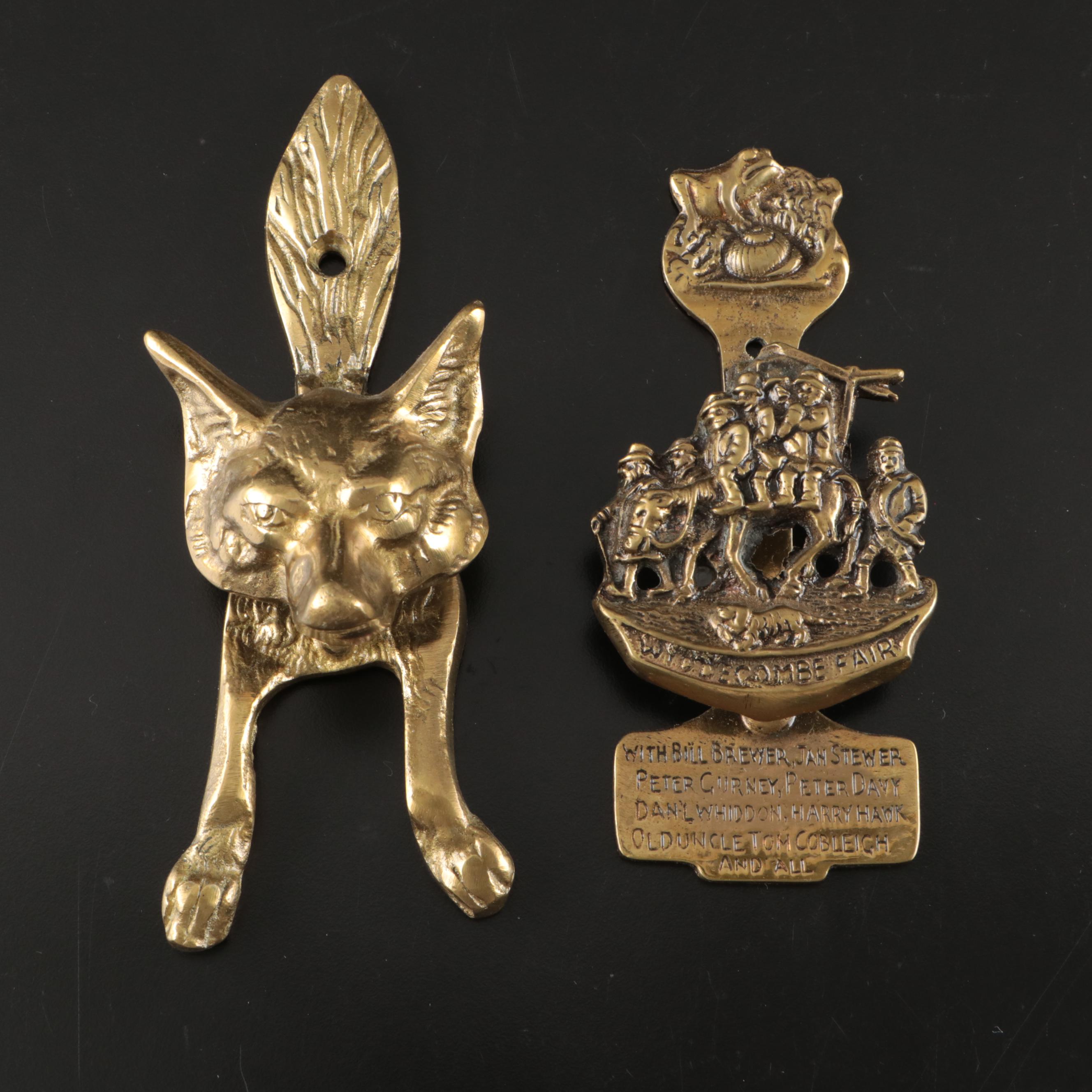 Coyote Figural Brass Door Knocker with Widdecombe Fair Brass Door Knocker