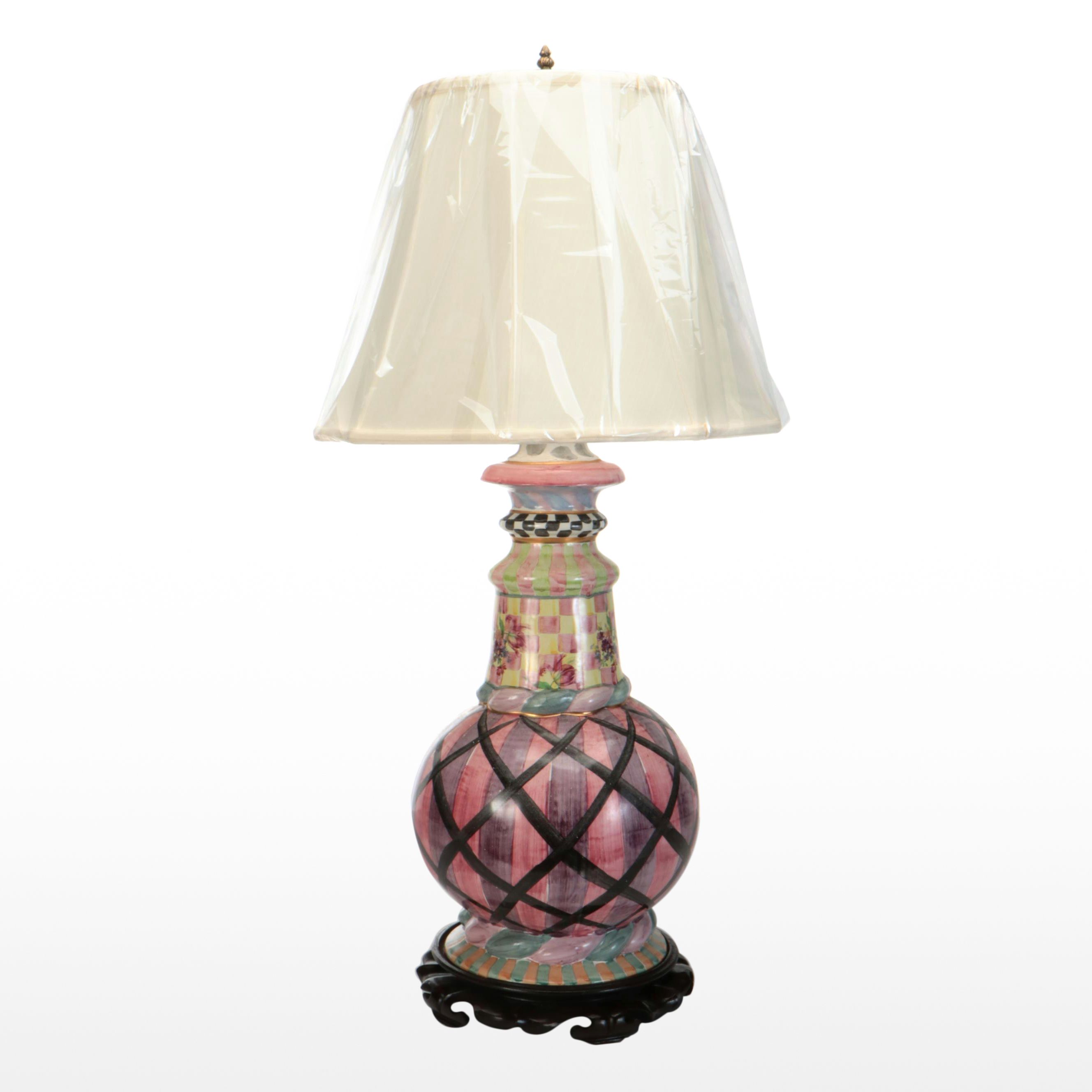 MacKenzie-Childs Ceramic Train Table Lamp with Silk Shade, 1983