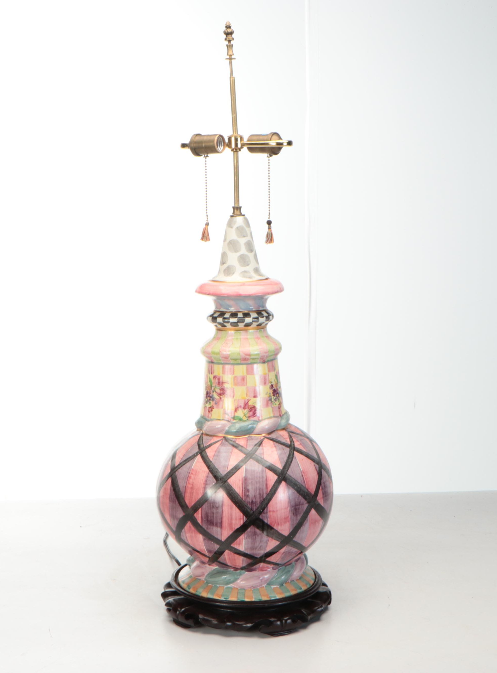 MacKenzie-Childs Ceramic Train Table Lamp with Silk Shade, 1983