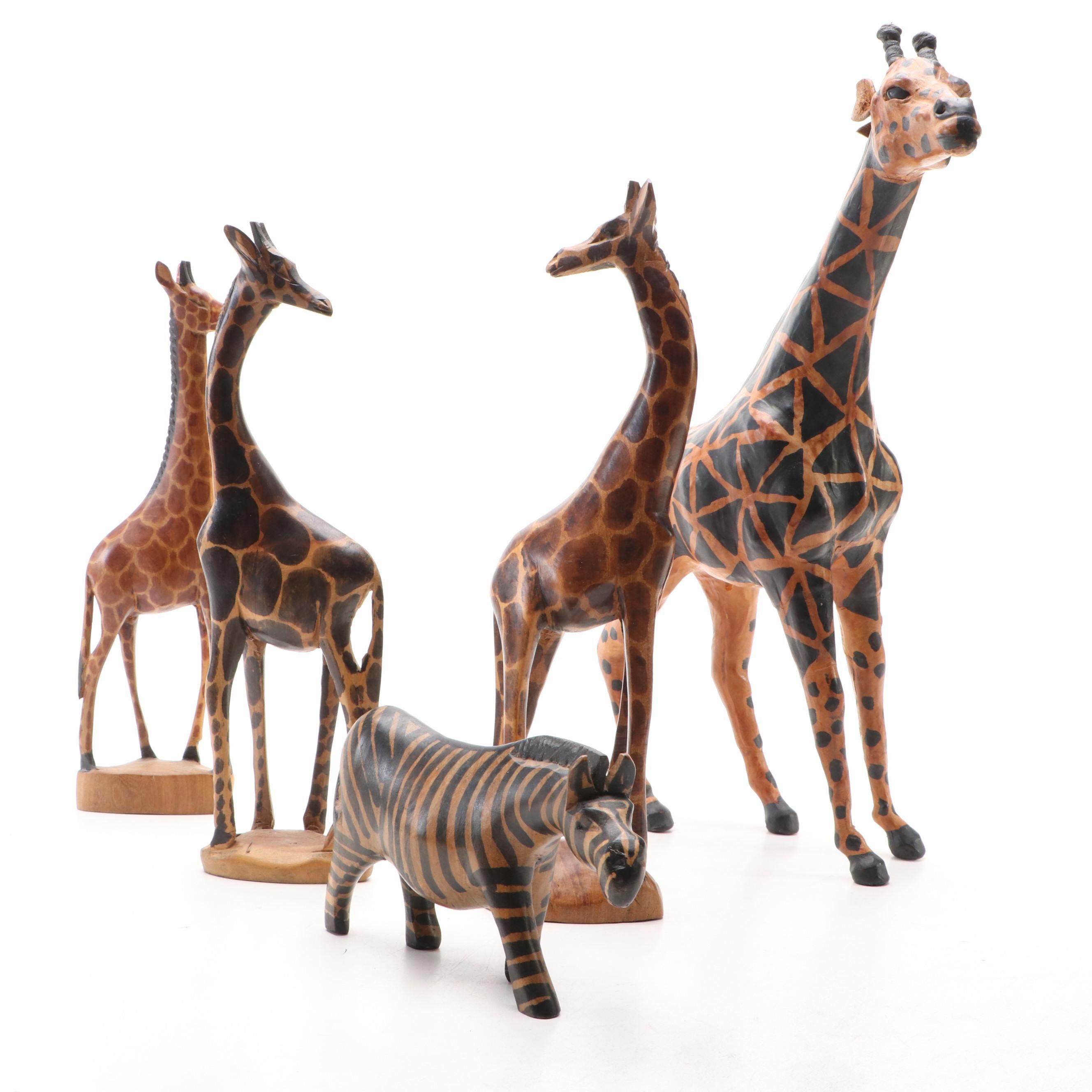 Carved Wood and Wrapped Leather Giraffes with Zebra