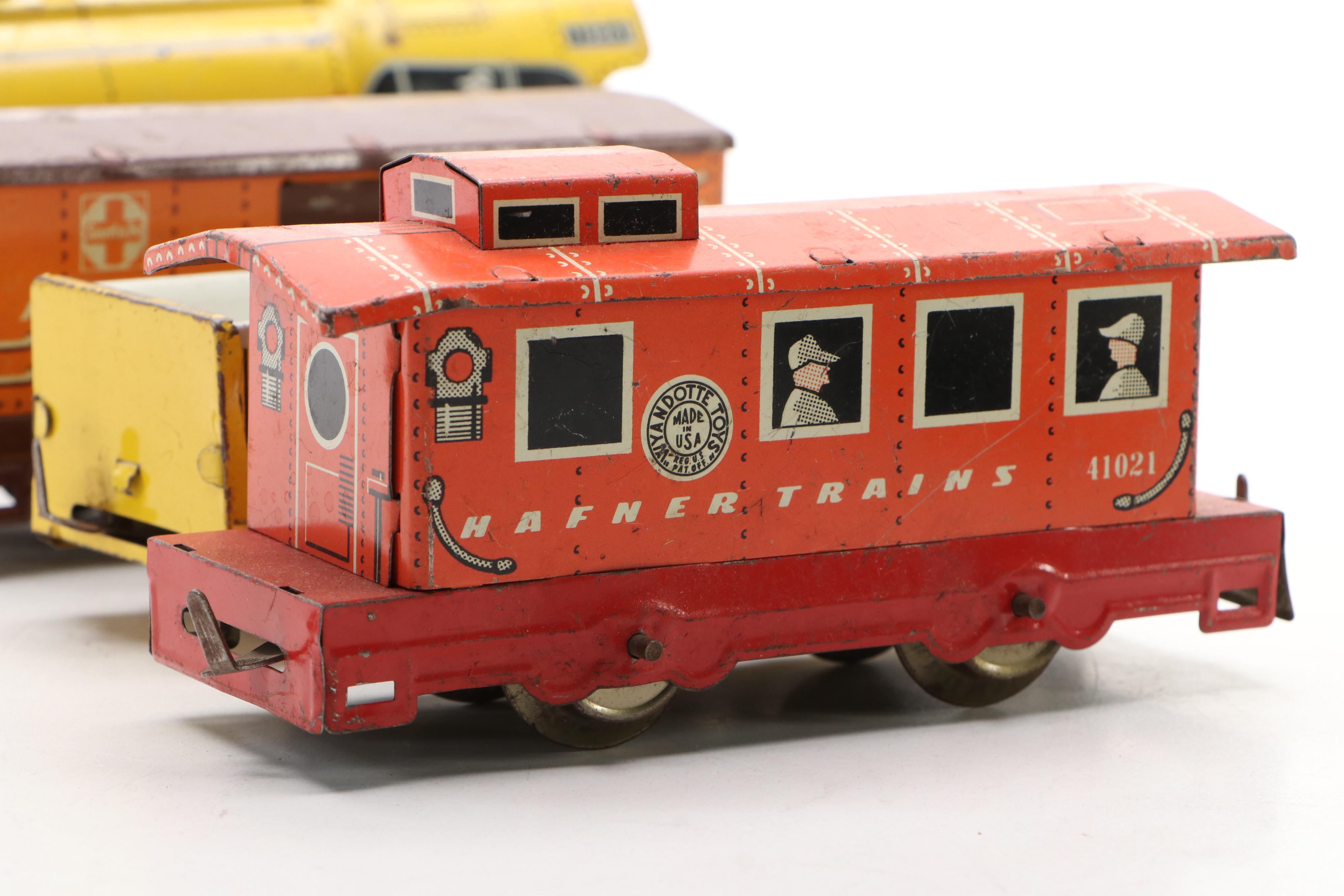 Vintage Hafner Locomotive with Santa Fe Boxcar and Other Tin Litho Train Cars