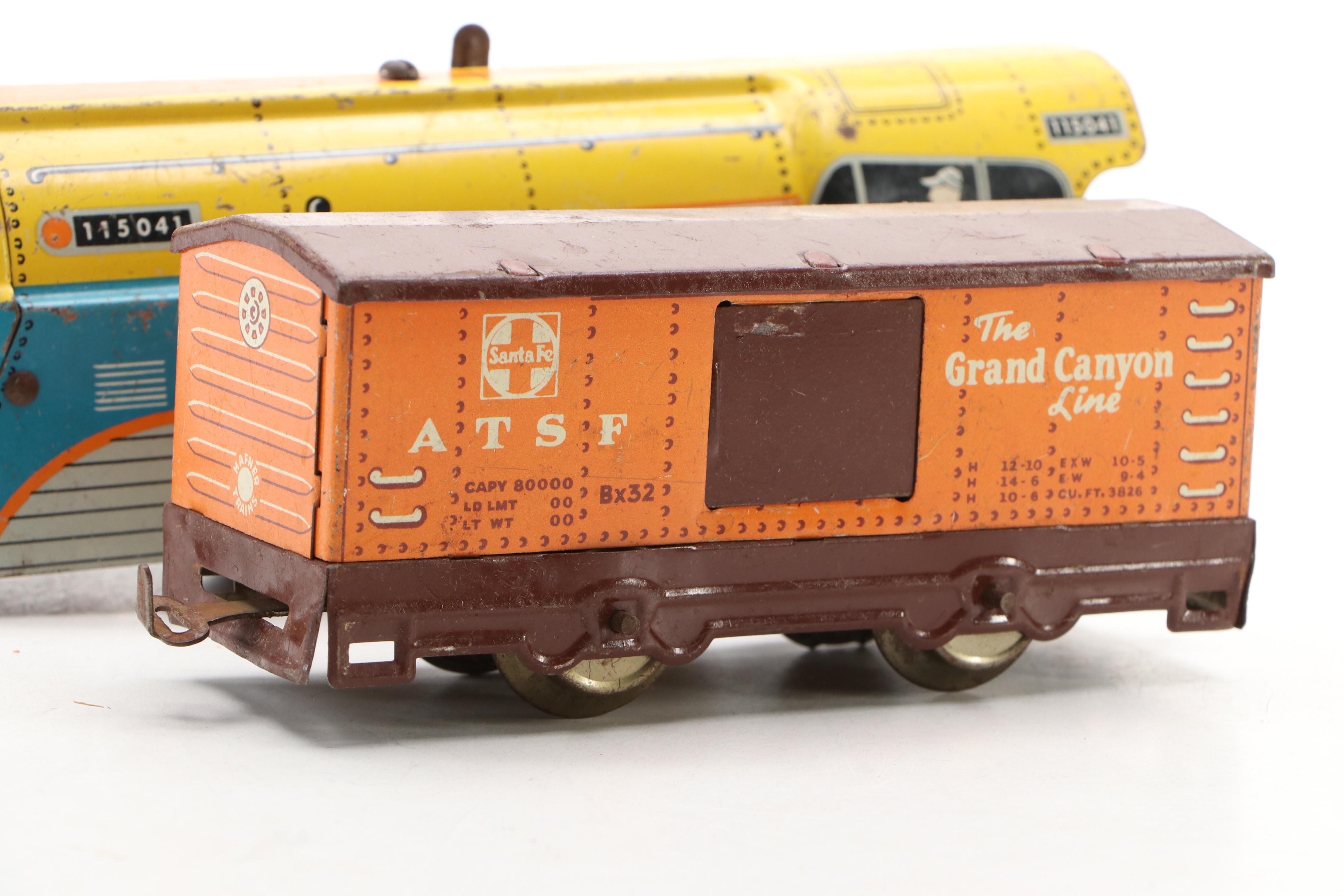 Vintage Hafner Locomotive with Santa Fe Boxcar and Other Tin Litho Train Cars