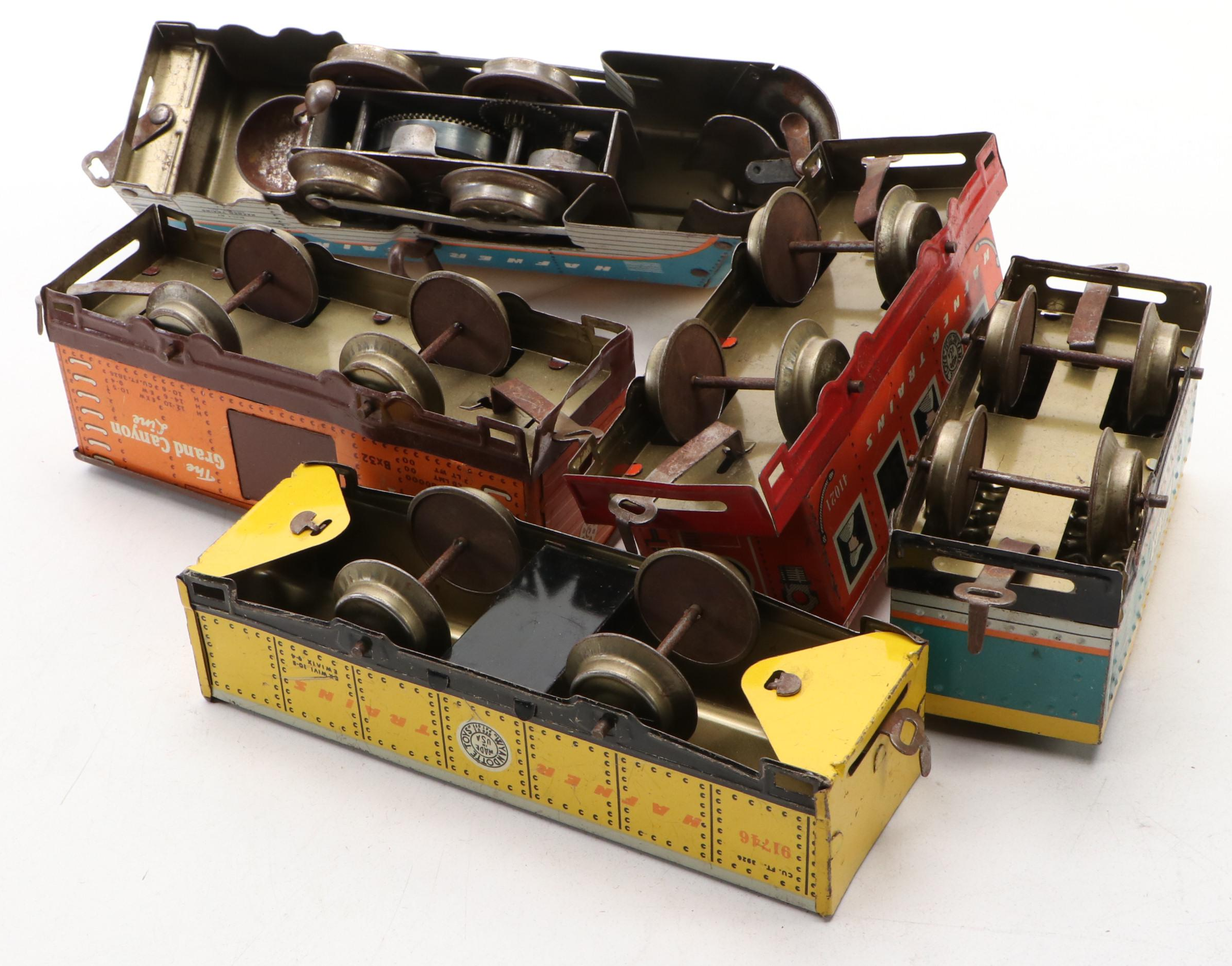 Vintage Hafner Locomotive with Santa Fe Boxcar and Other Tin Litho Train Cars
