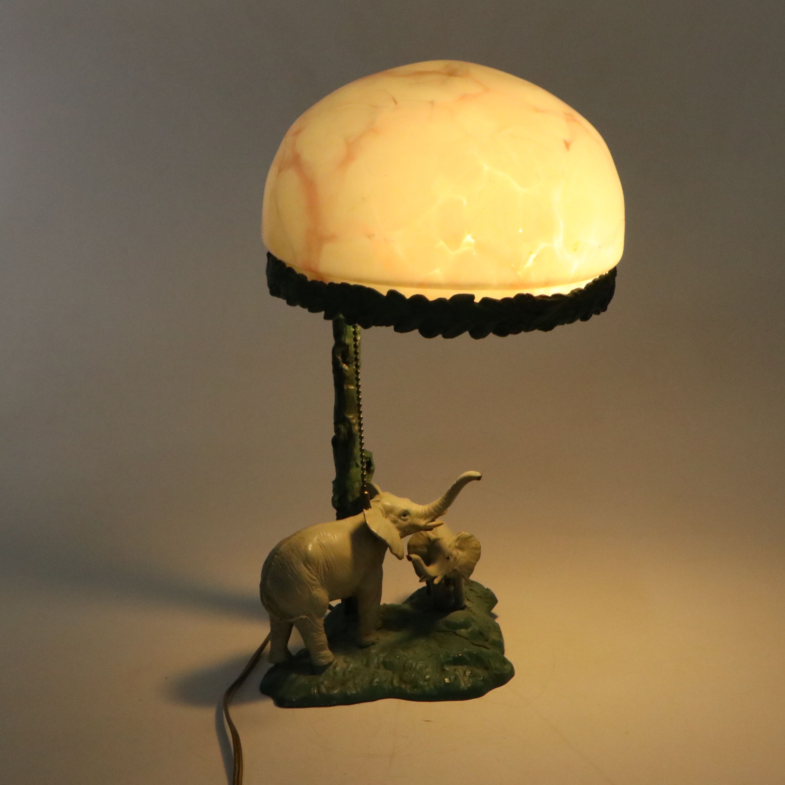 Elephants and Pink Marbled Glass Canopy Metal Table Lamp