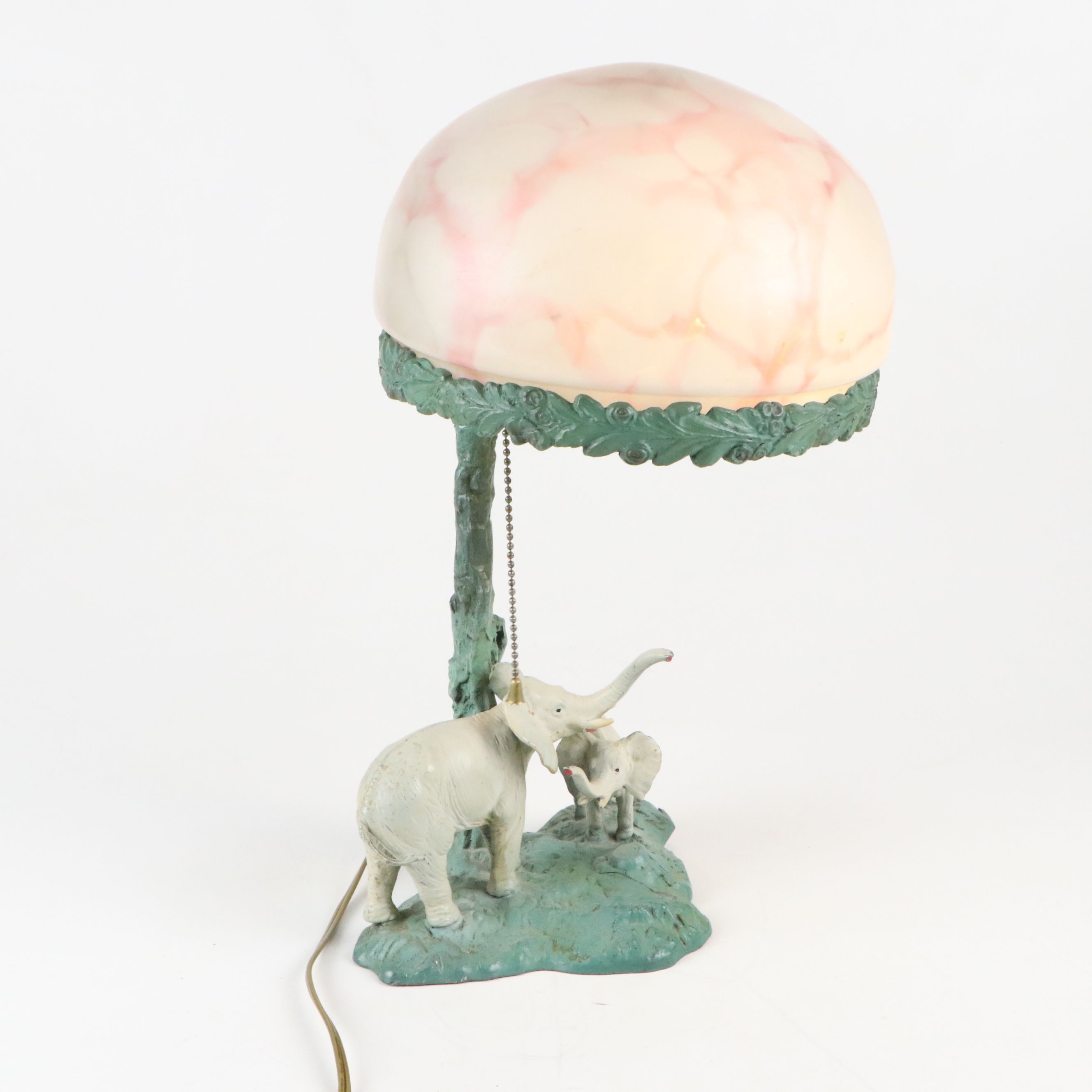 Elephants and Pink Marbled Glass Canopy Metal Table Lamp