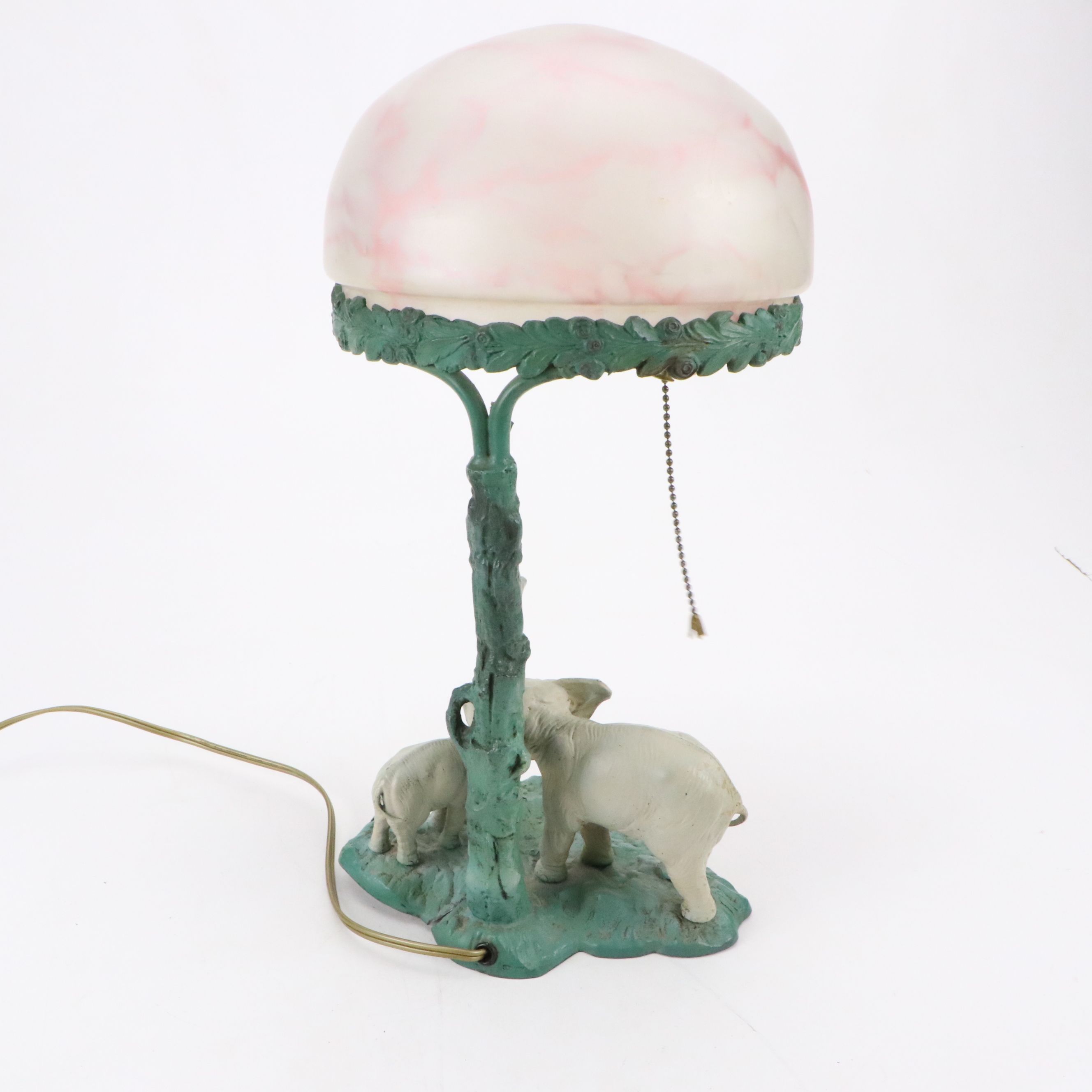 Elephants and Pink Marbled Glass Canopy Metal Table Lamp