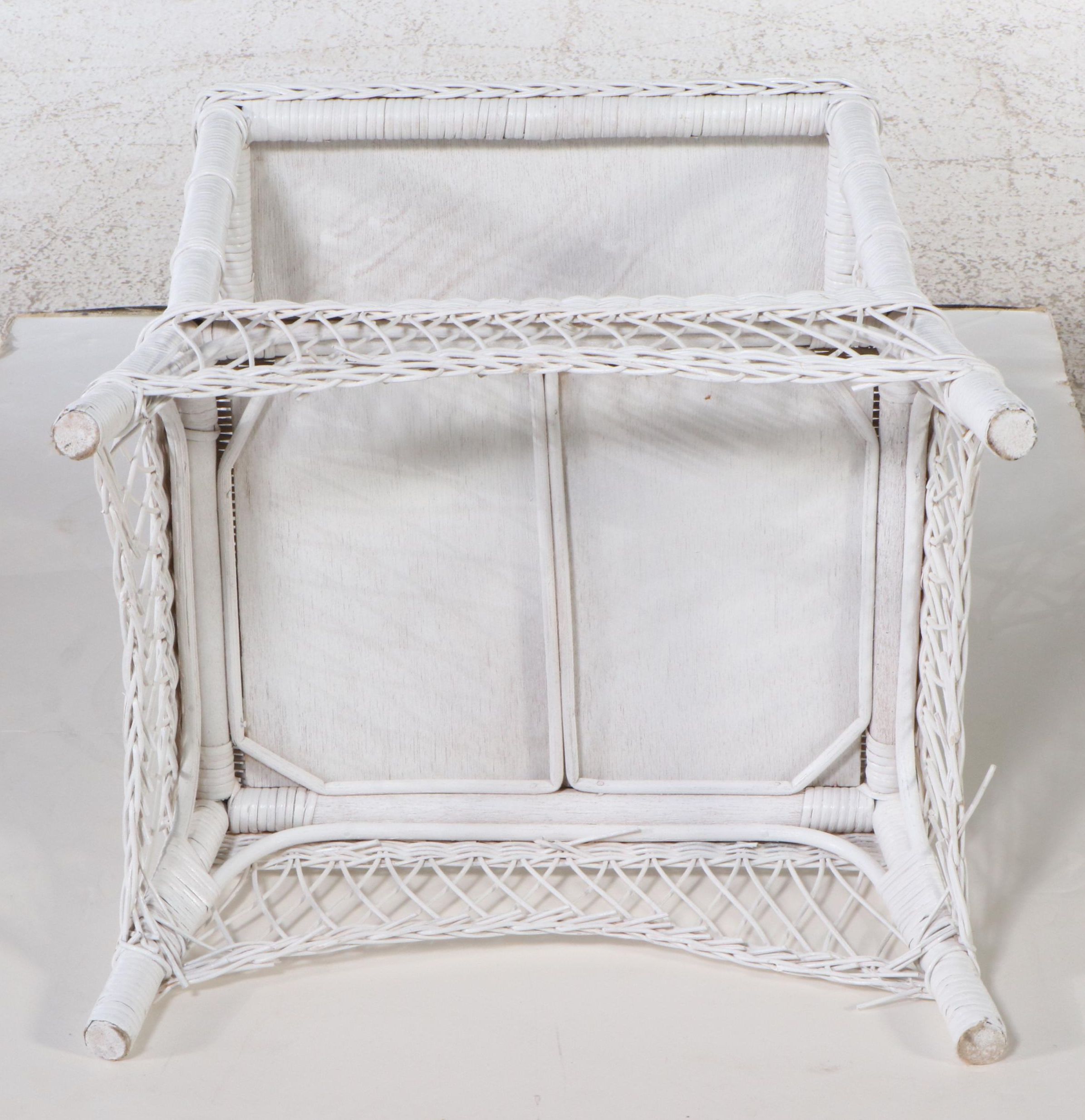 Two-Tiered White Painted Wicker Side Table