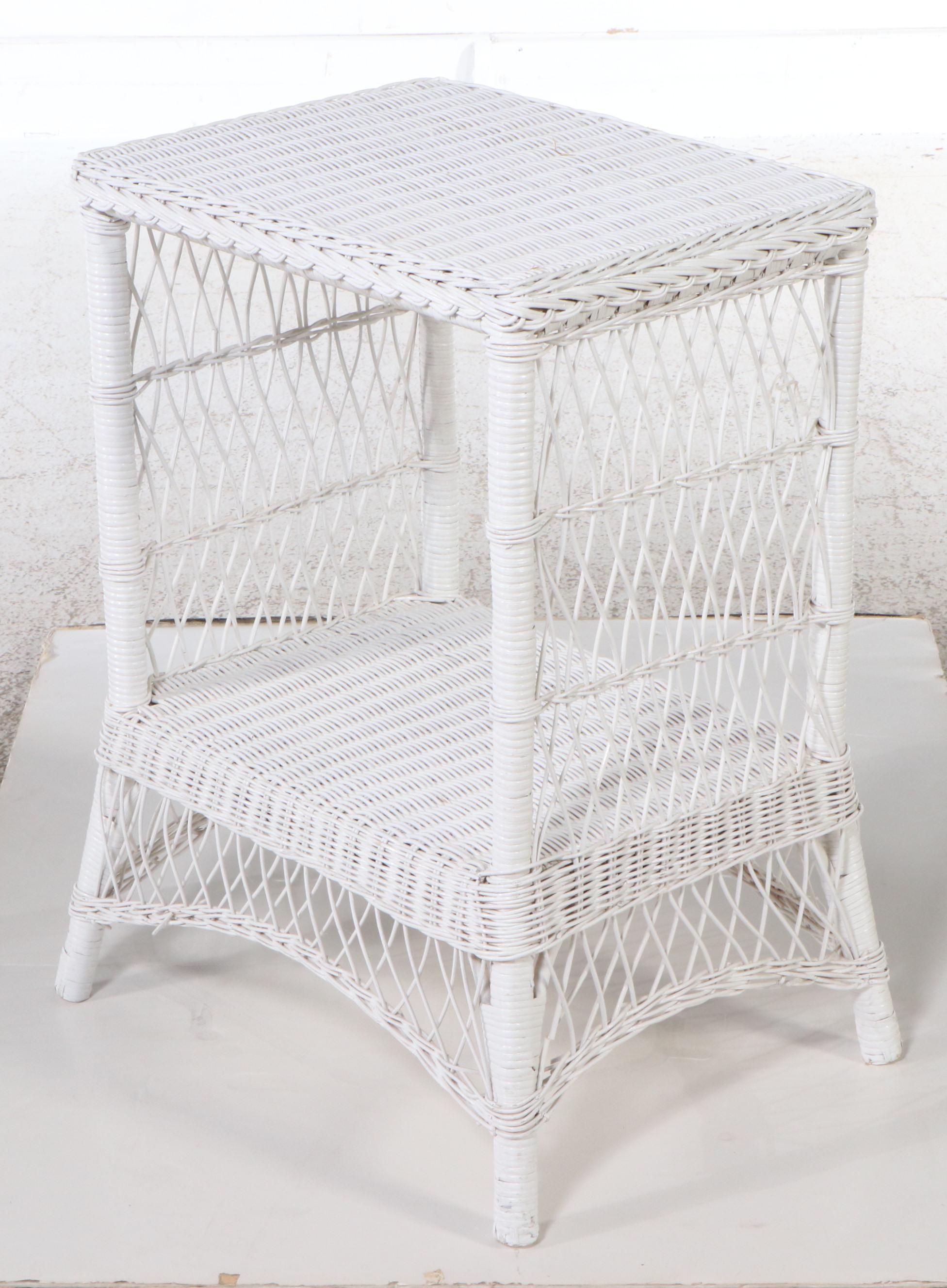 Two-Tiered White Painted Wicker Side Table