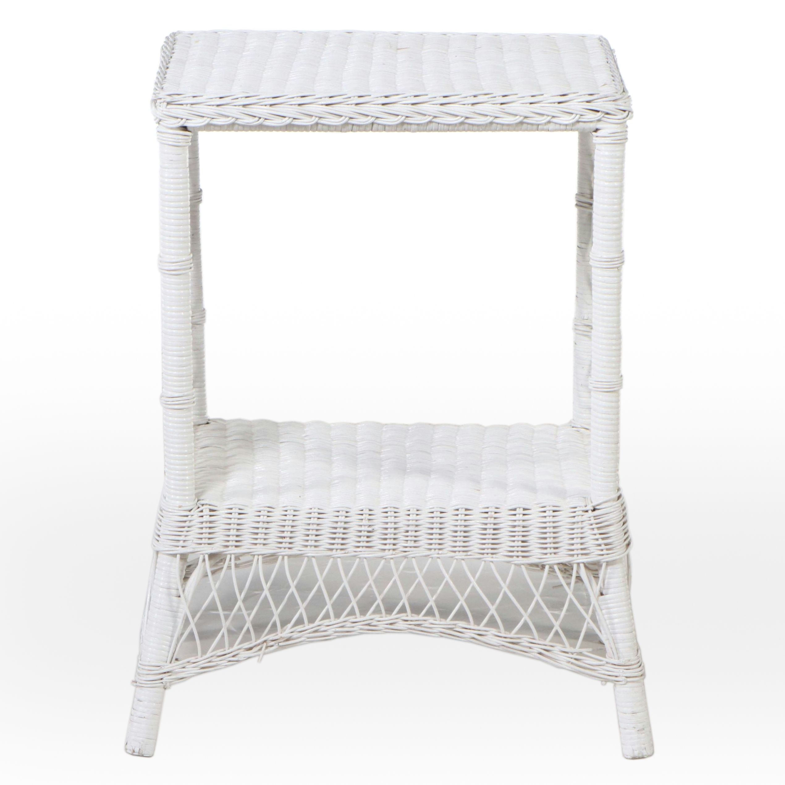 Two-Tiered White Painted Wicker Side Table