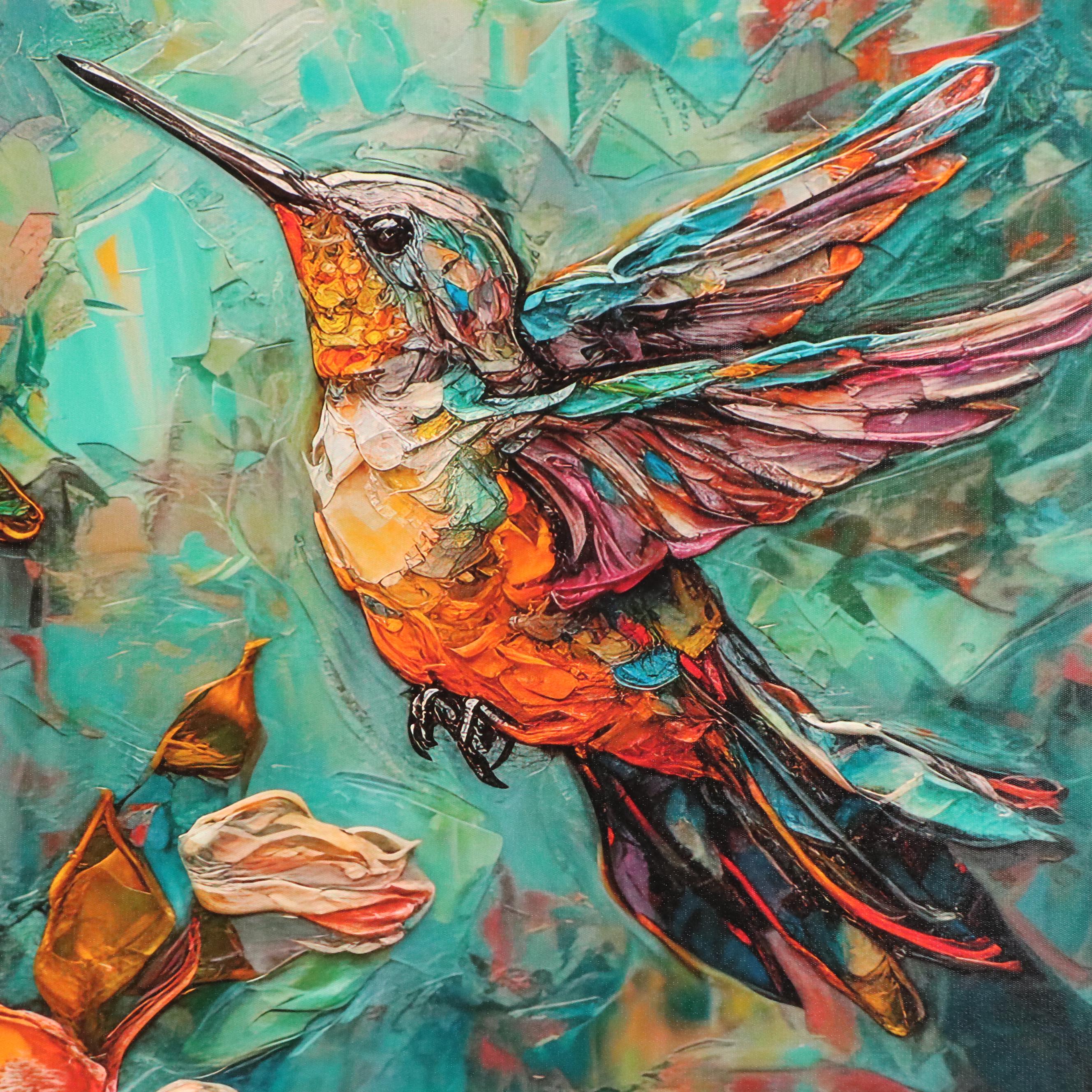 Giclée on Canvas of Stylized Hummingbirds and Flowers, 21st Century