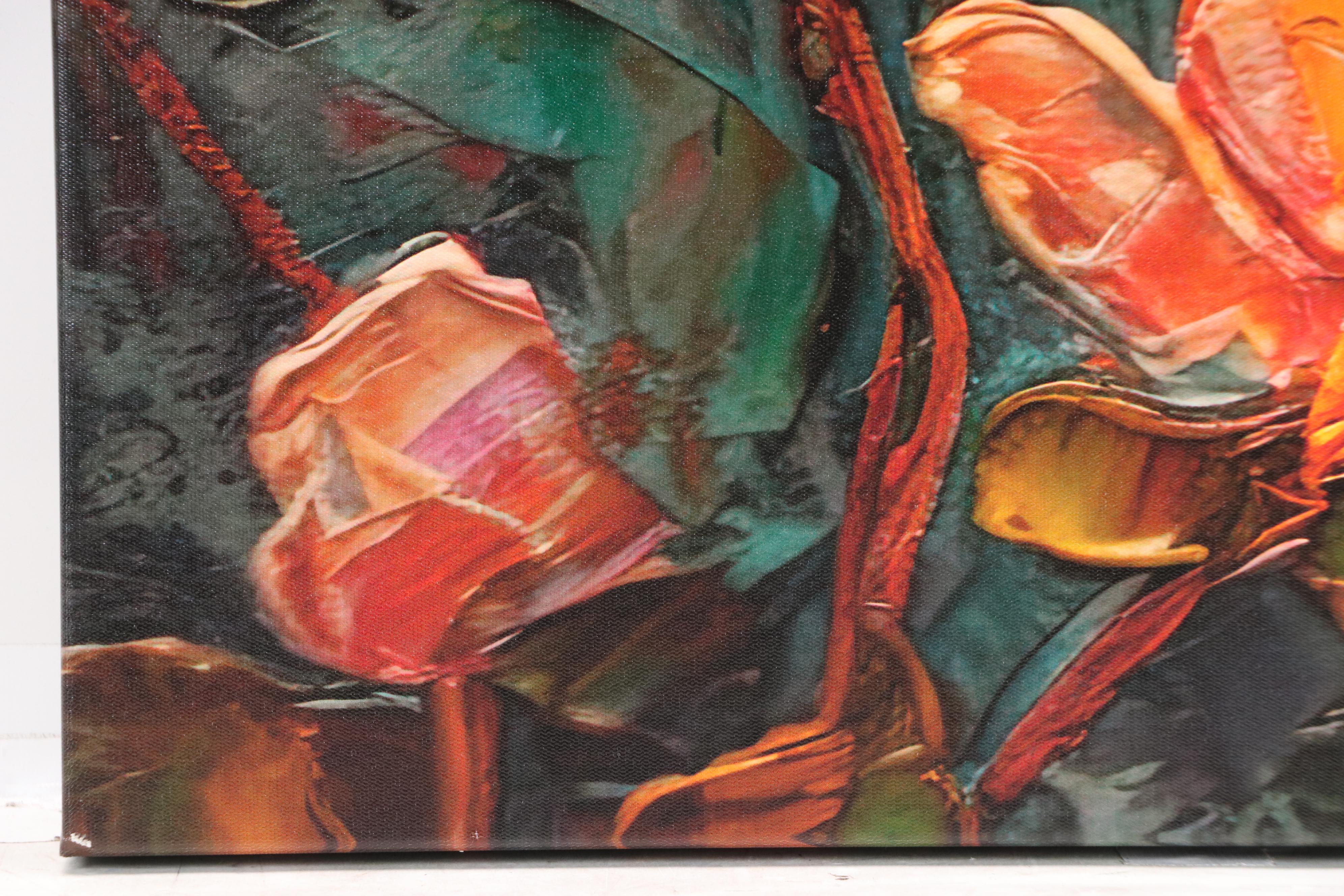 Giclée on Canvas of Stylized Hummingbirds and Flowers, 21st Century