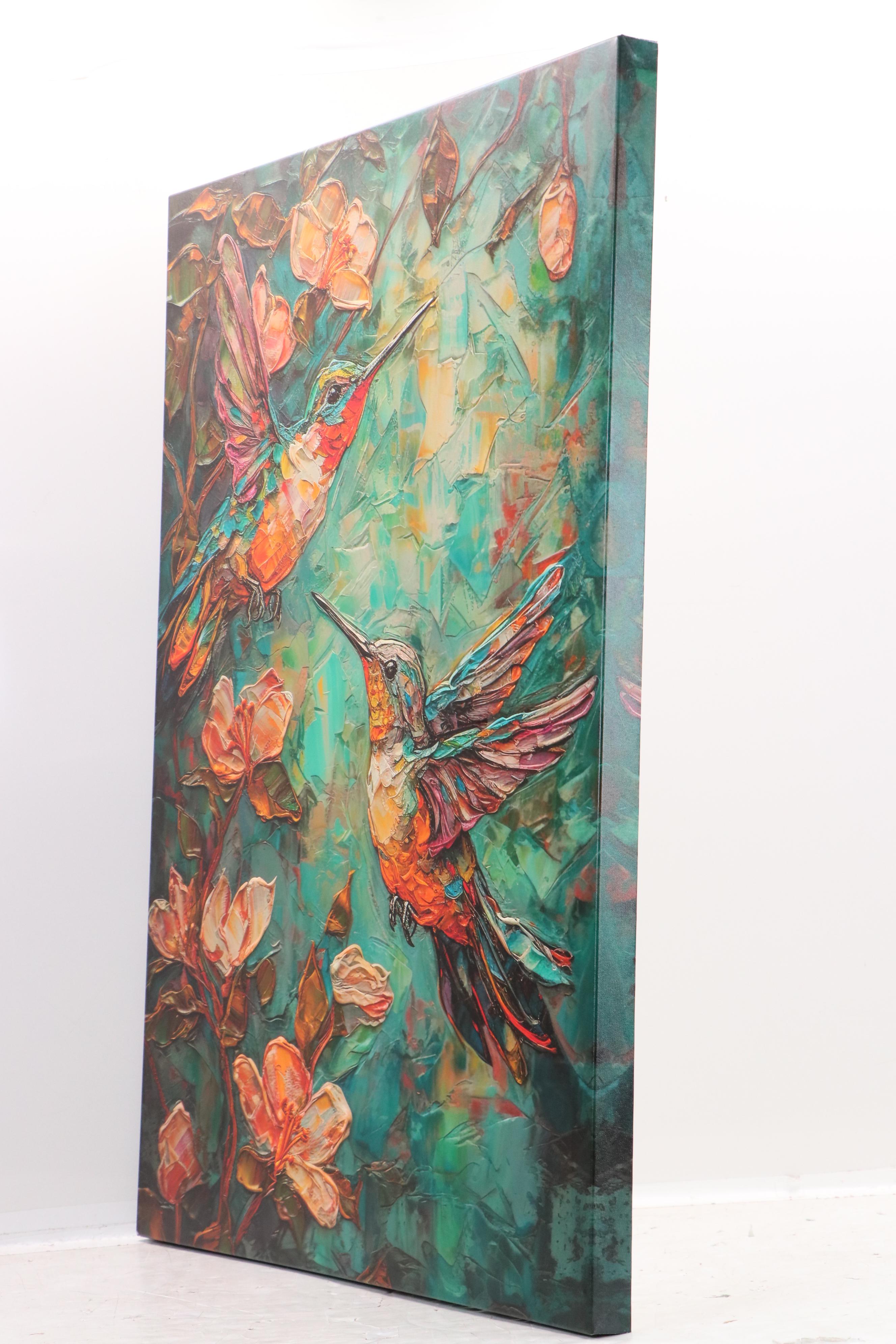Giclée on Canvas of Stylized Hummingbirds and Flowers, 21st Century