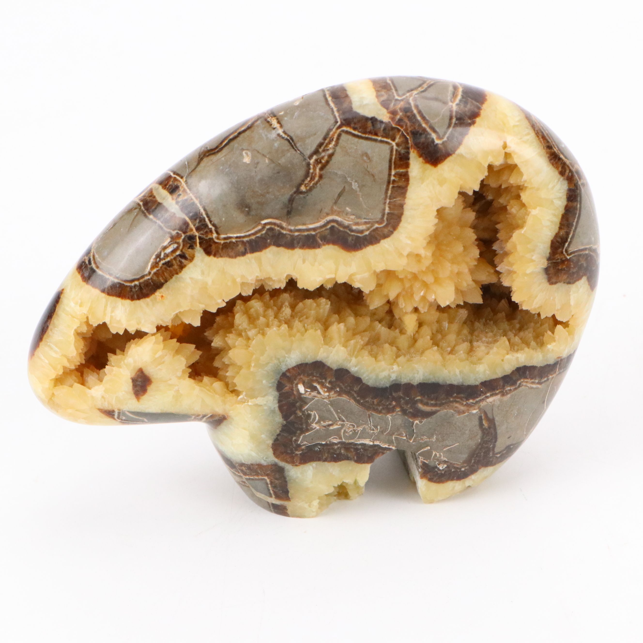 Carved Septarian Nodule Zuni Bear Fetish Figure with Banded Calcite Bowl