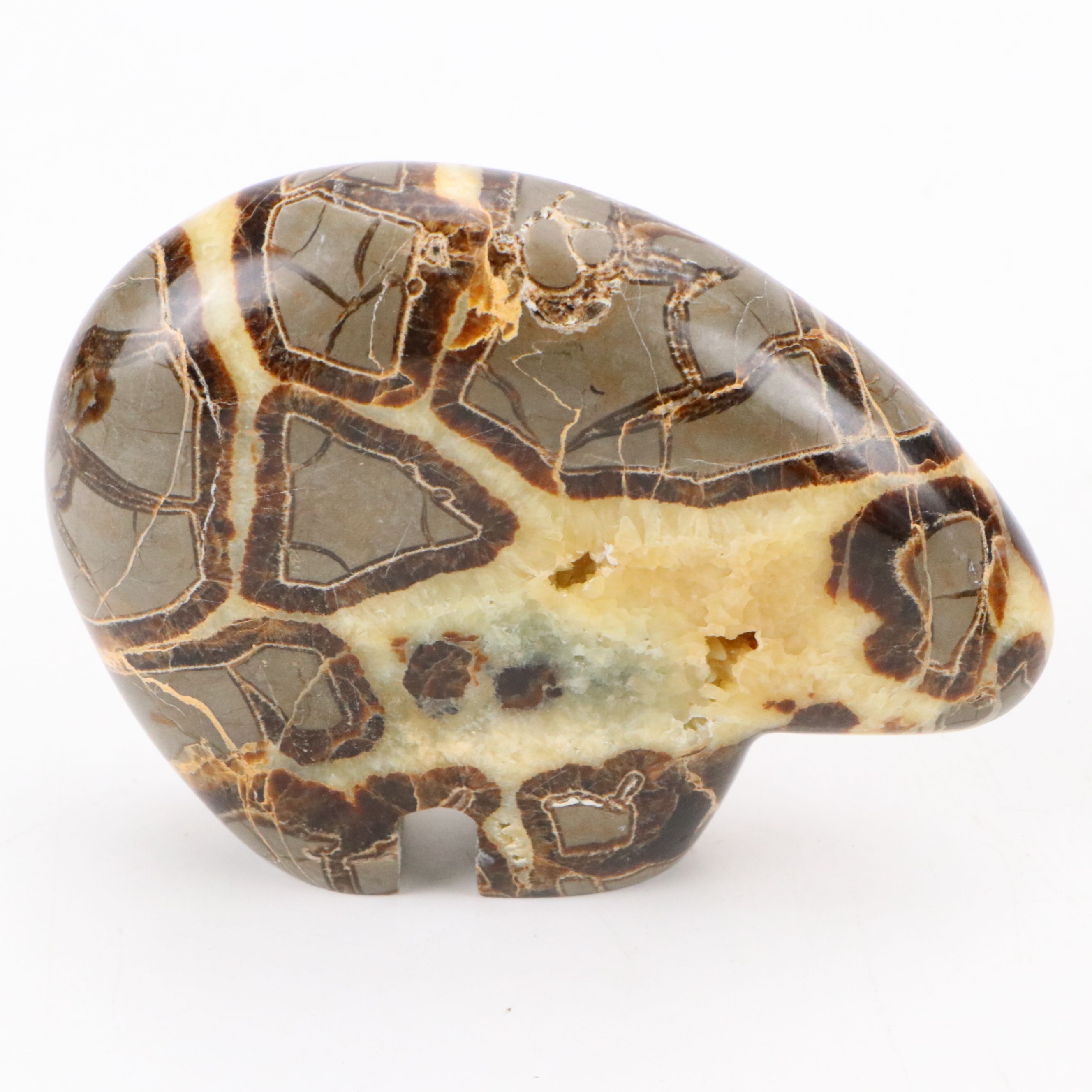 Carved Septarian Nodule Zuni Bear Fetish Figure with Banded Calcite Bowl