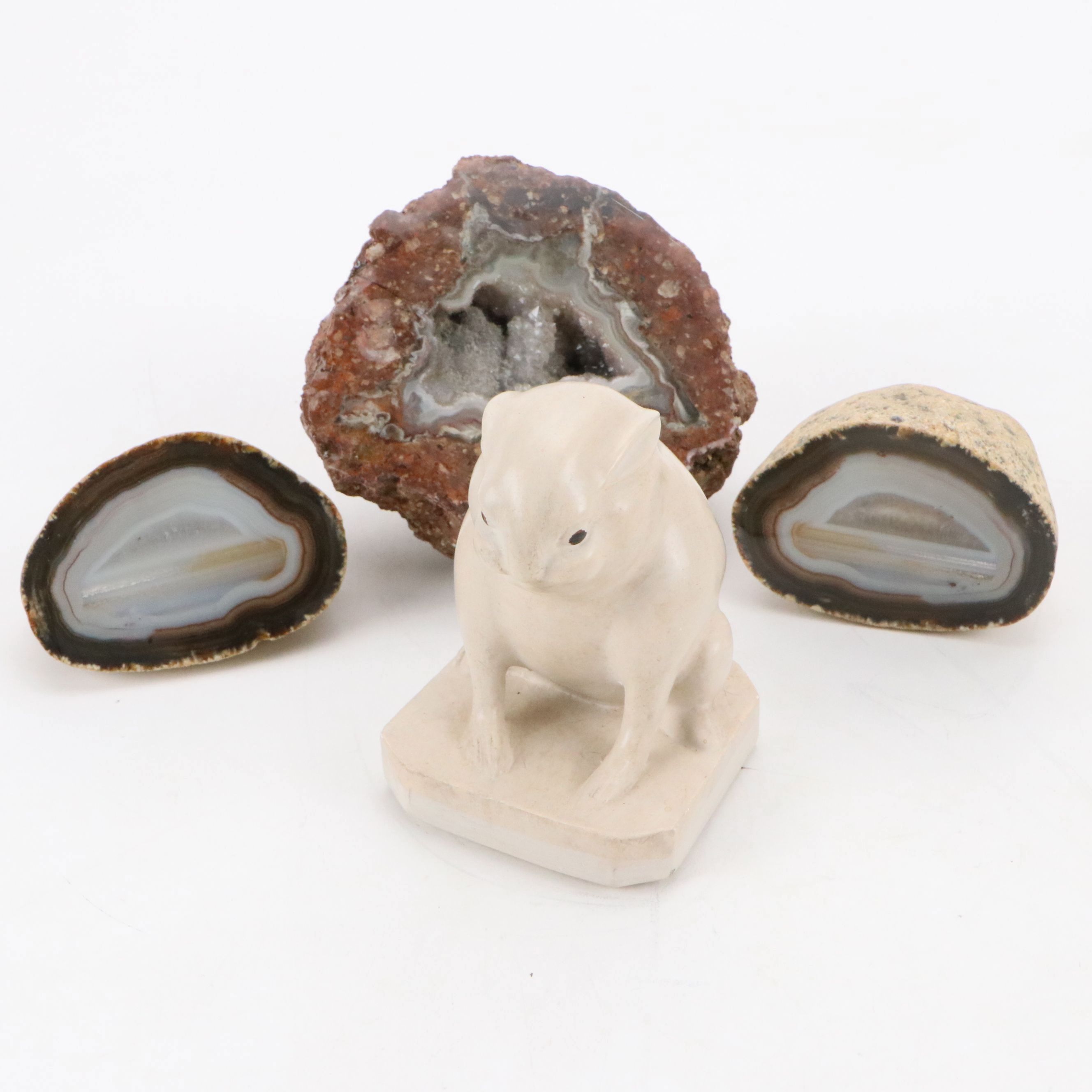 Thunder Egg Halves & Dogtooth Geode and Tang Dynasty Style Ceramic Rabbit