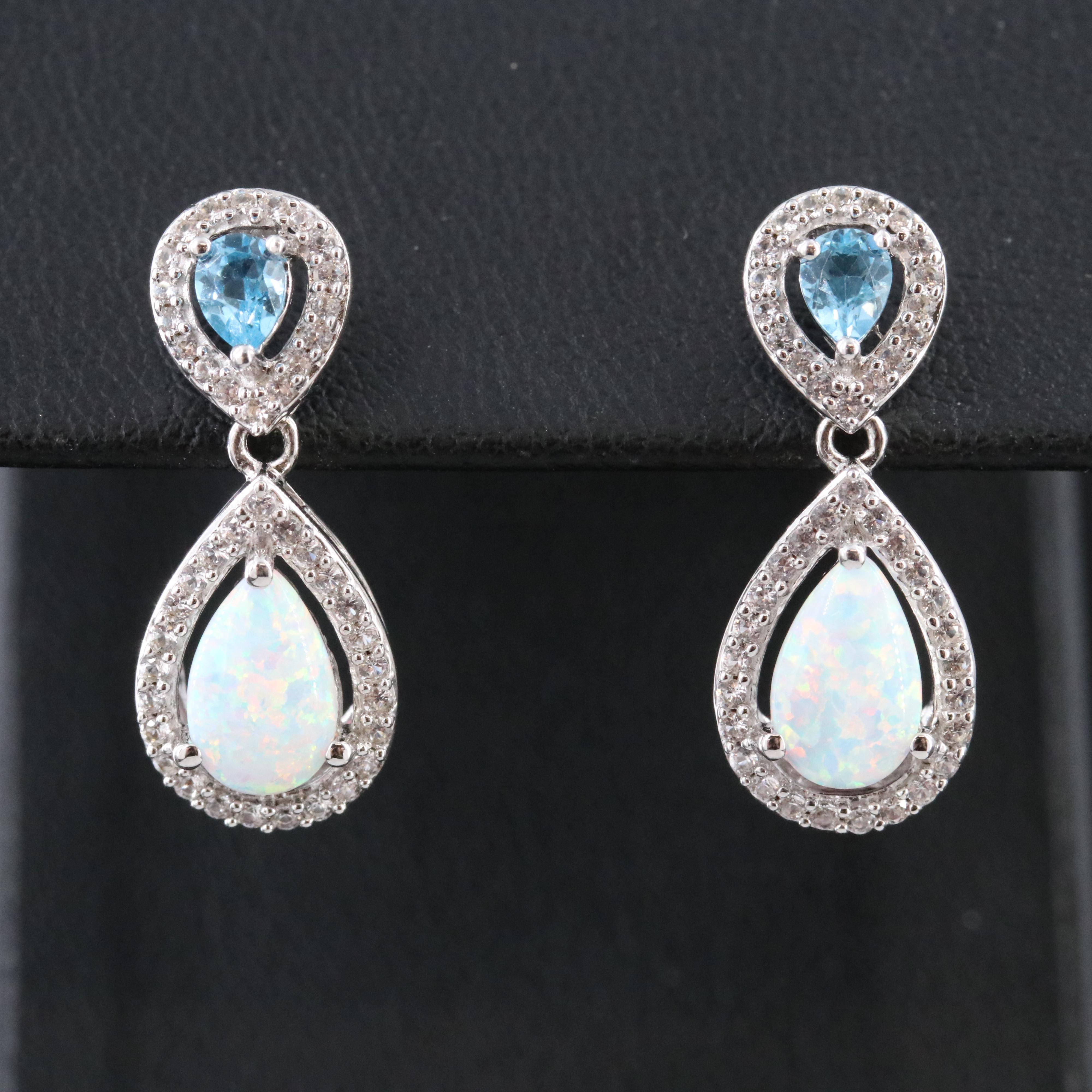 Sterling Opal and Blue Topaz Earrings with White Sapphire Accents