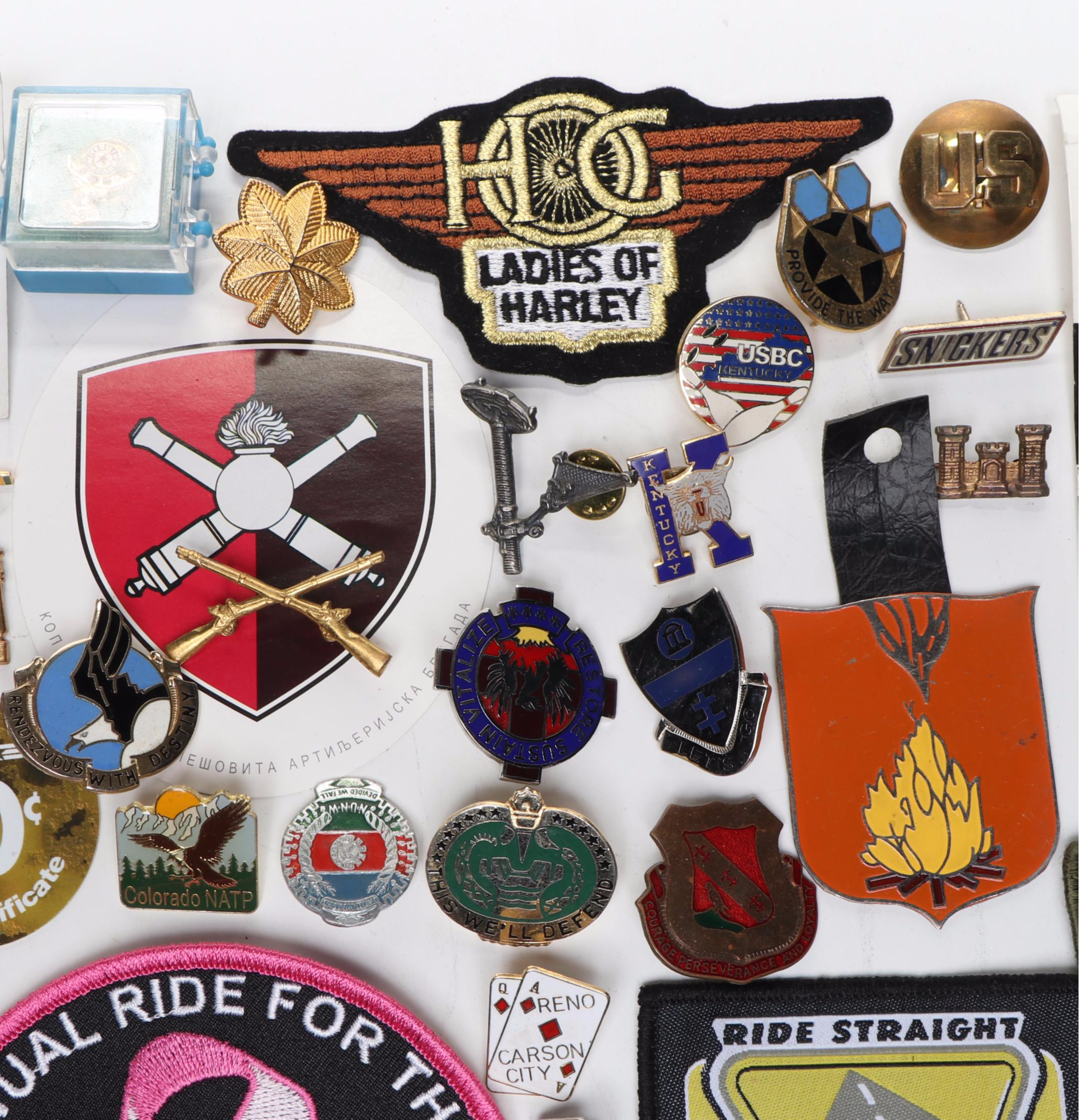 Collection of Enamel Metal Pinbacks and Iron-On Patches