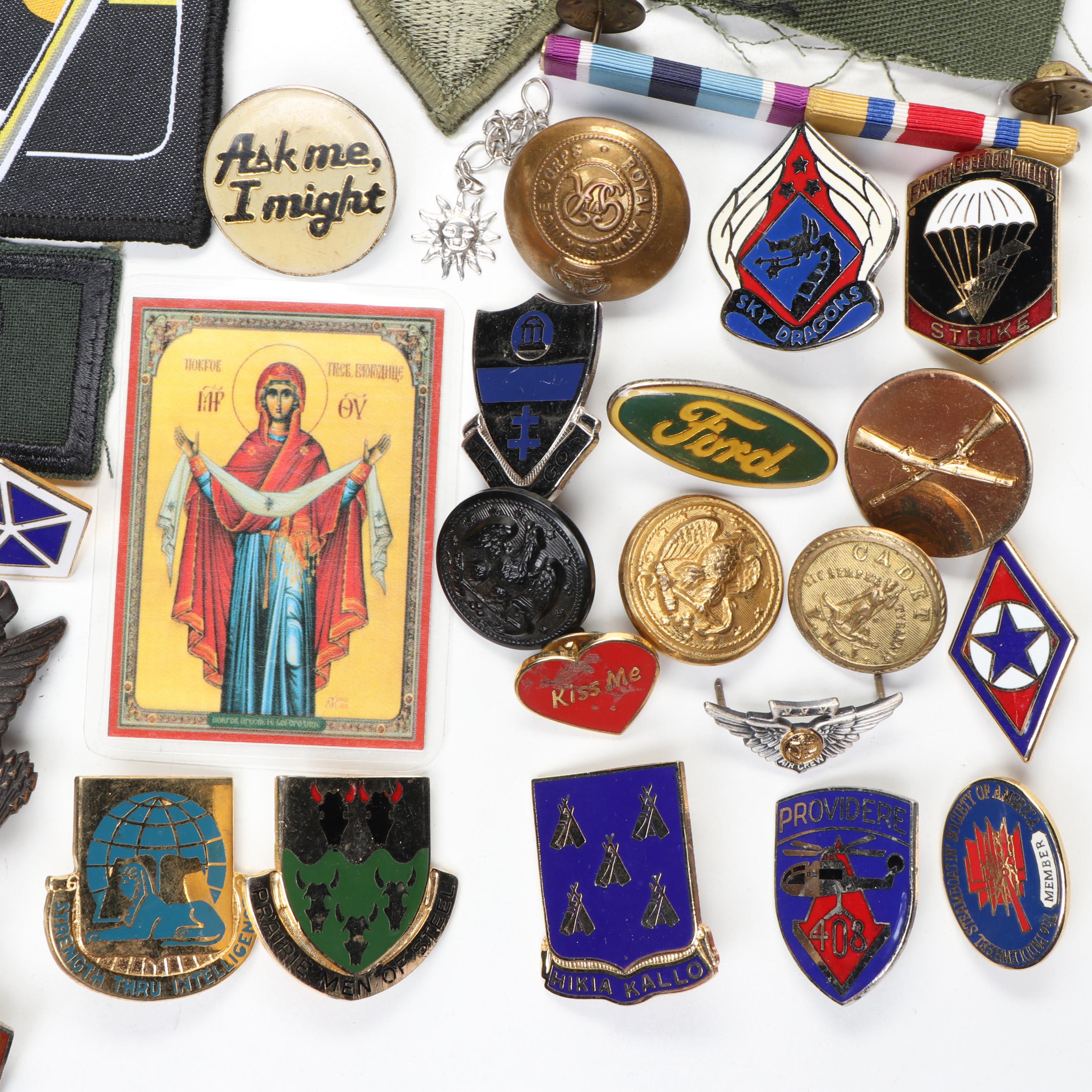 Collection of Enamel Metal Pinbacks and Iron-On Patches