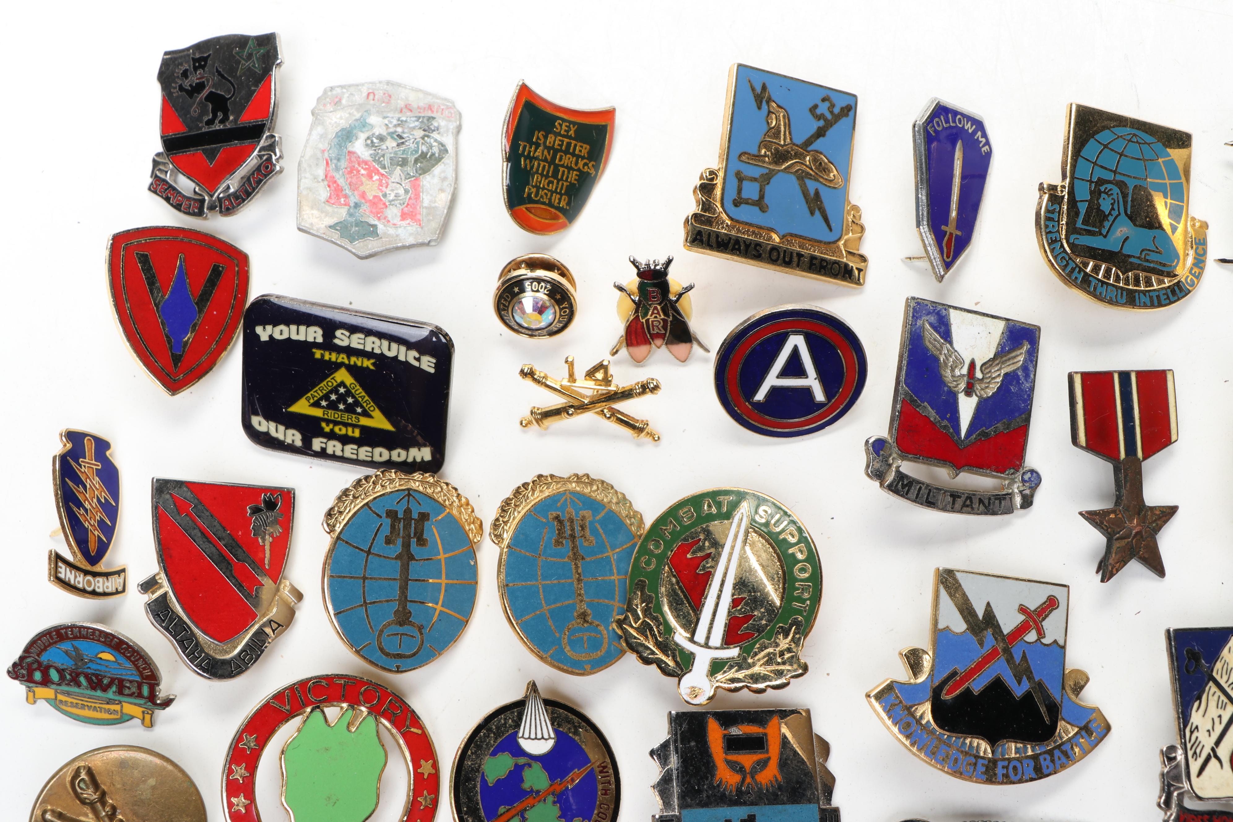 Collection of Enamel Metal Pinbacks and Iron-On Patches