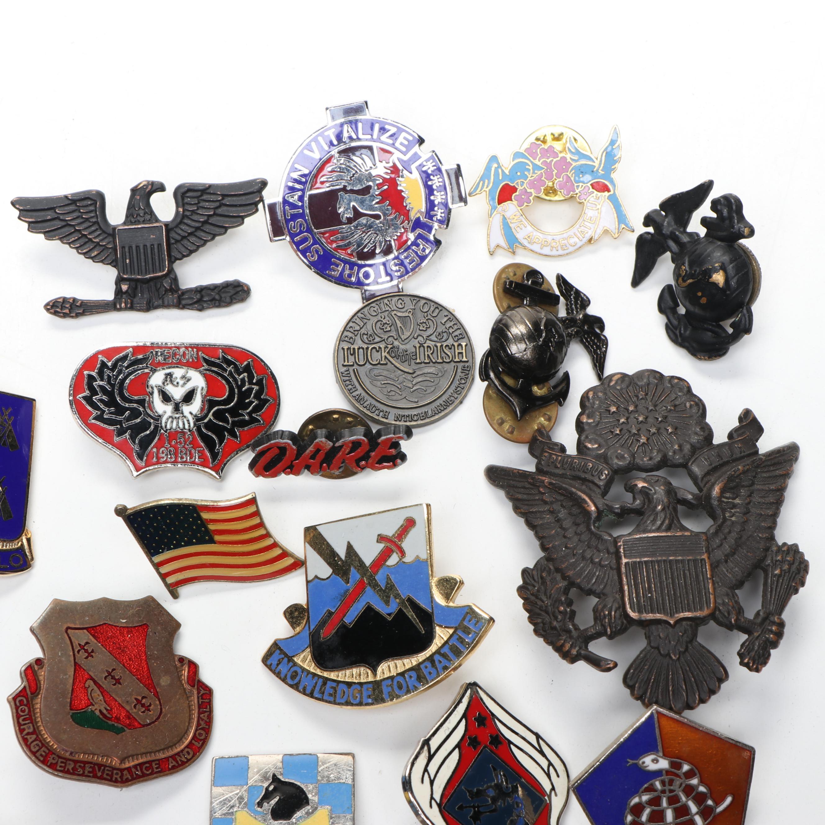 Collection of Enamel Metal Pinbacks and Iron-On Patches