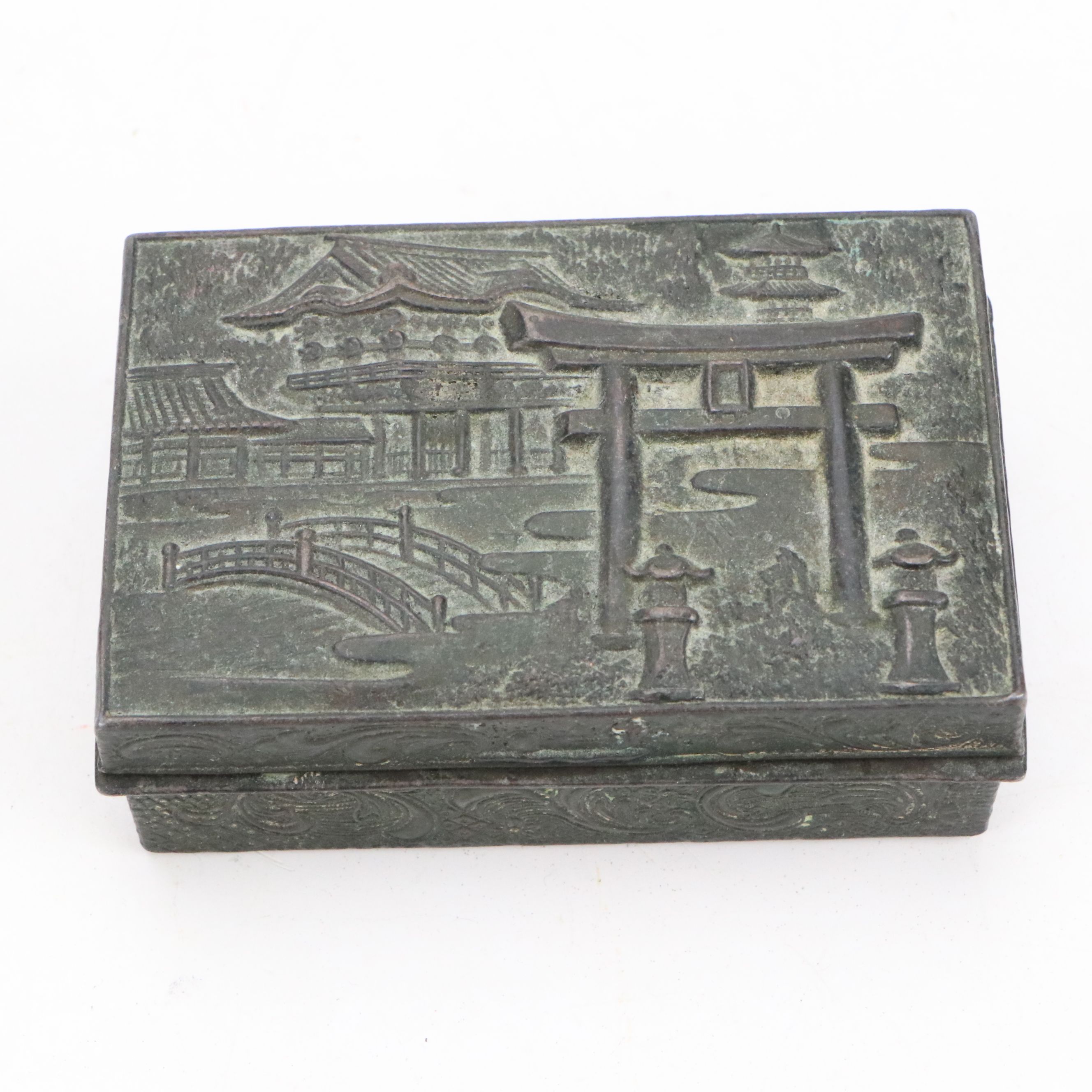 East Asian Calligraphy Turnip Inkwell with Action Italian Netsuke and Metal Box