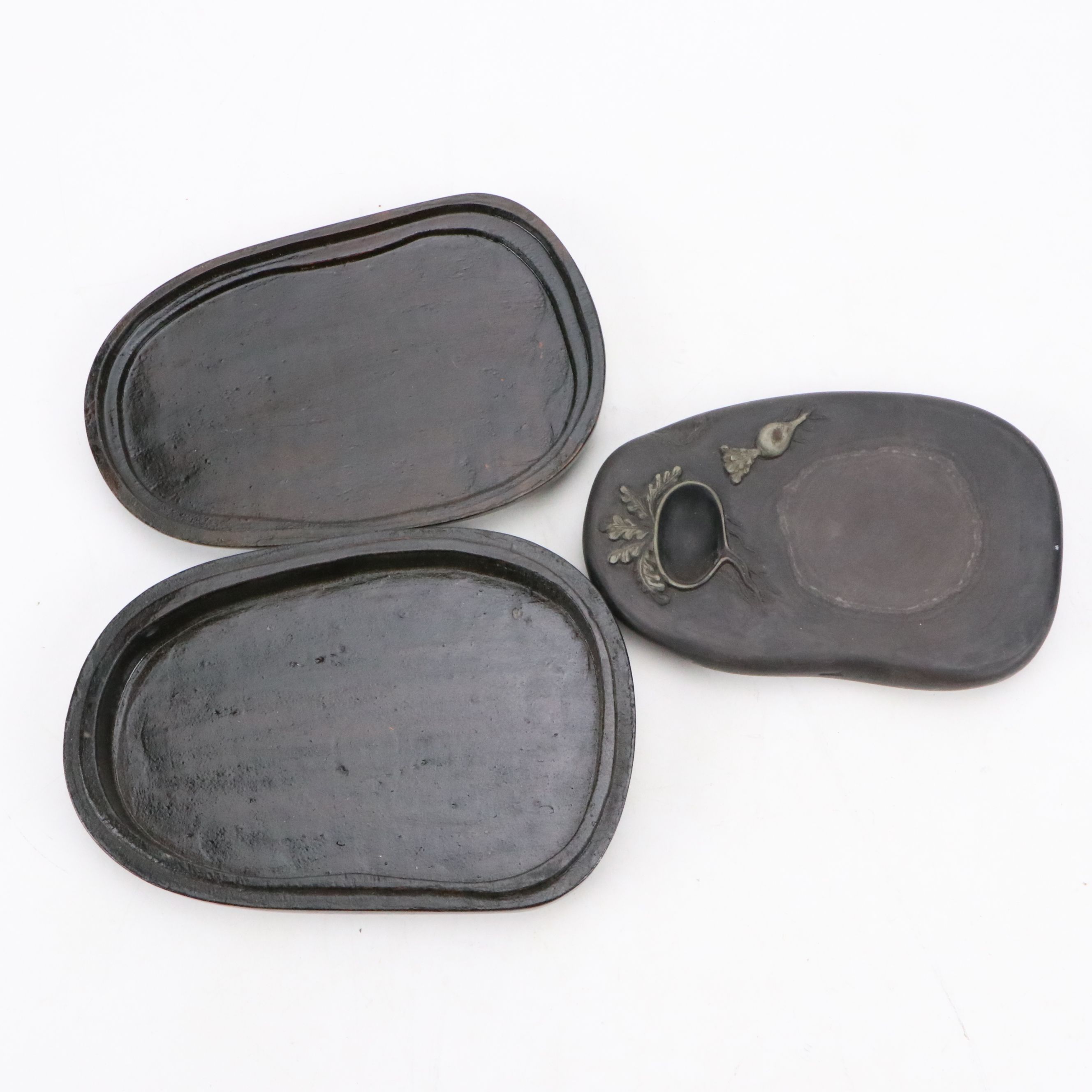 East Asian Calligraphy Turnip Inkwell with Action Italian Netsuke and Metal Box