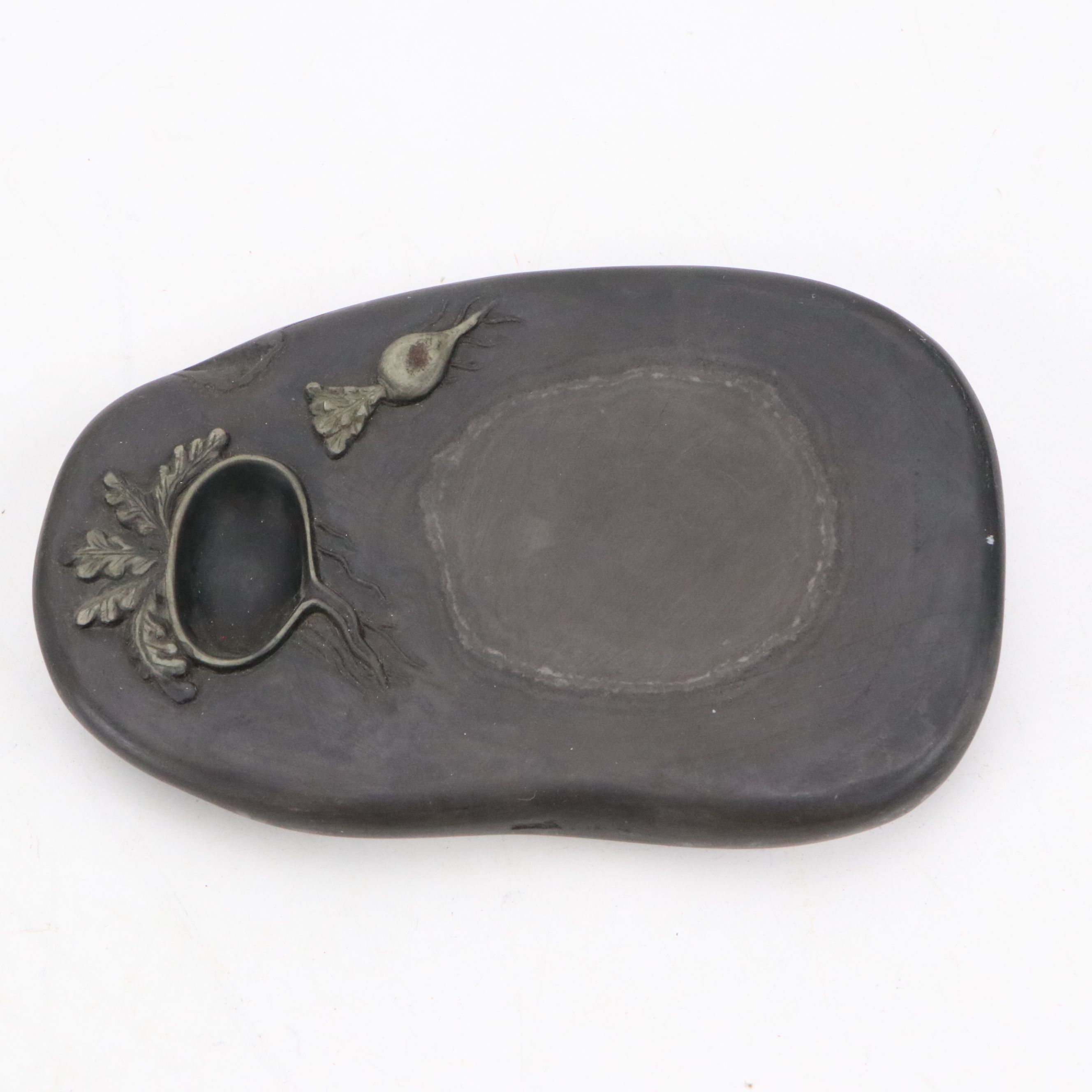 East Asian Calligraphy Turnip Inkwell with Action Italian Netsuke and Metal Box