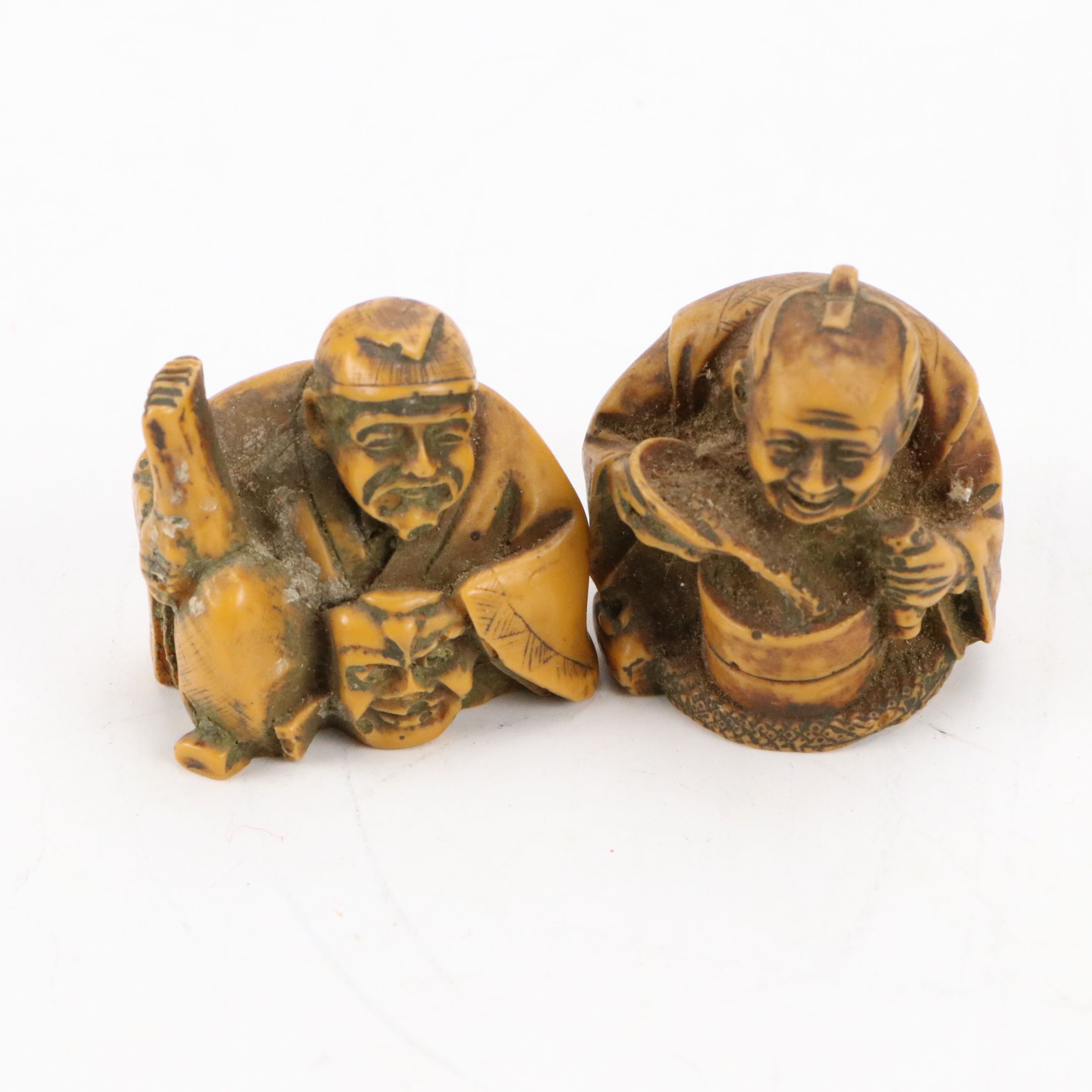 East Asian Calligraphy Turnip Inkwell with Action Italian Netsuke and Metal Box